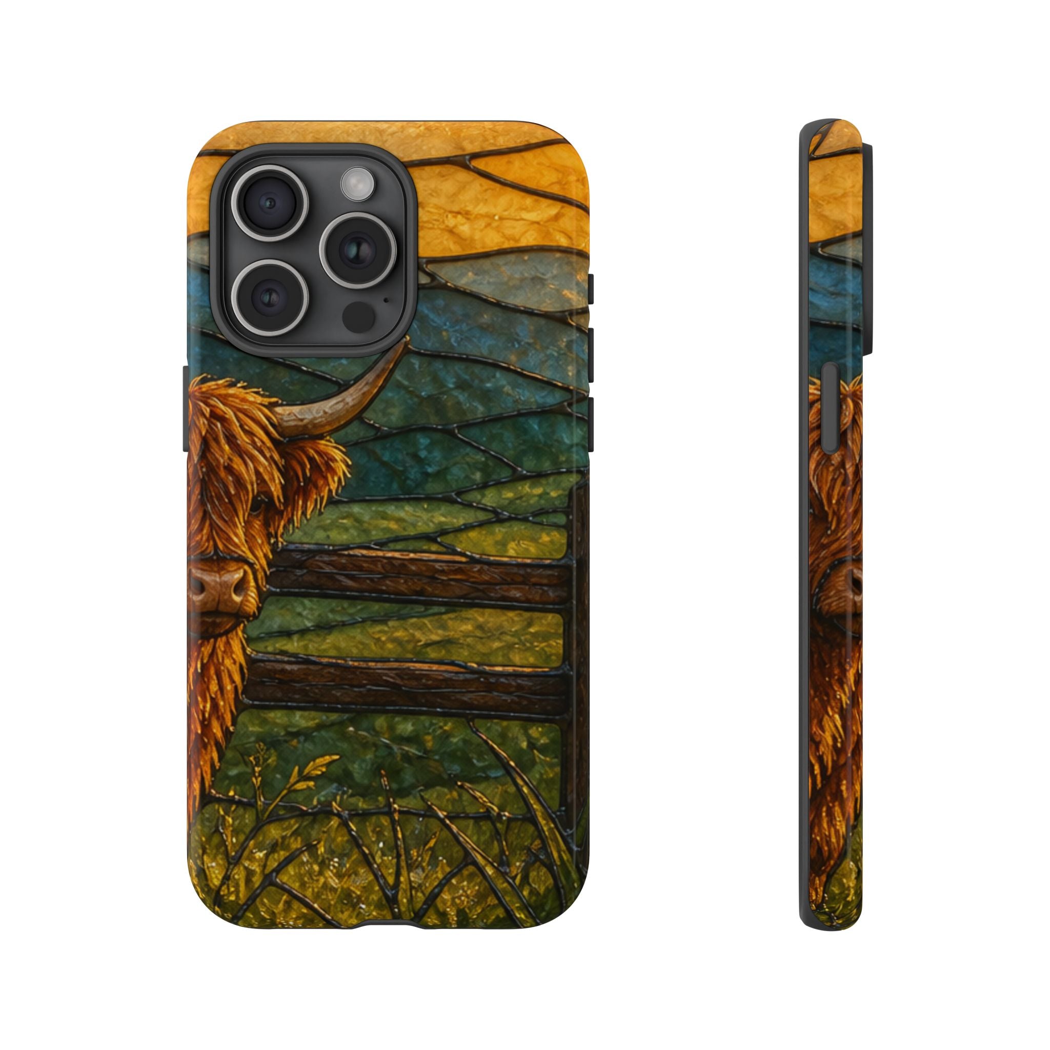 Highland Cow iPhone Case – Mini Highland - Stained Glass Morning Pasture | Tough Dual-Layer Case, iPhone 11–17