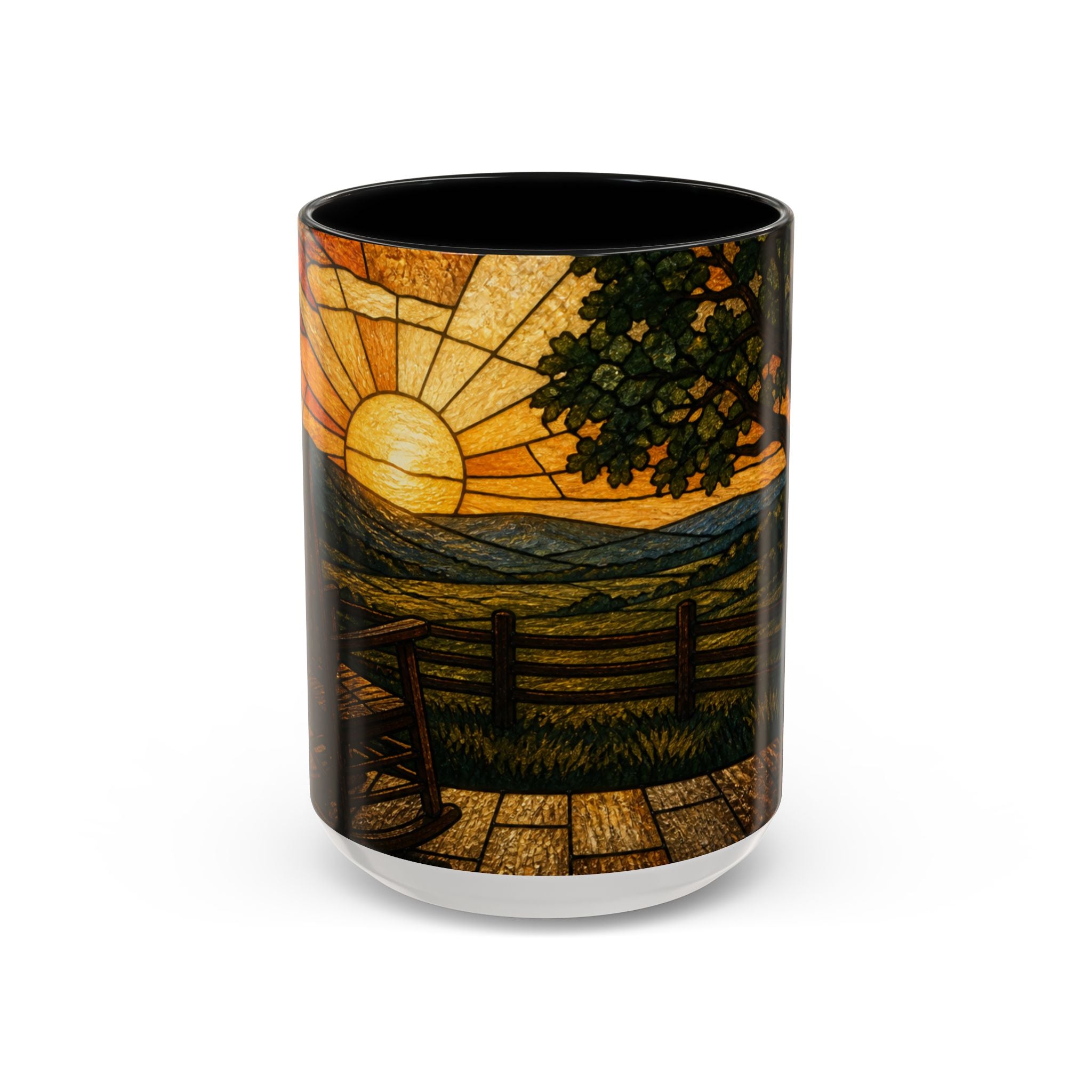 Farmhouse Coffee Mug – Stained Glass Porch Sunrise | Ceramic Accent Mug, 11oz or 15oz