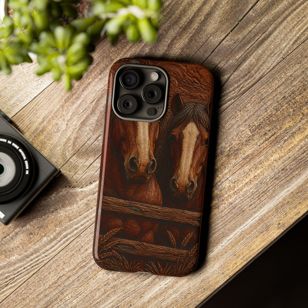 Draft Horse iPhone Case – Draft Horses at the Fence Tooled Leather | Tough Dual-Layer Case, iPhone 11–17