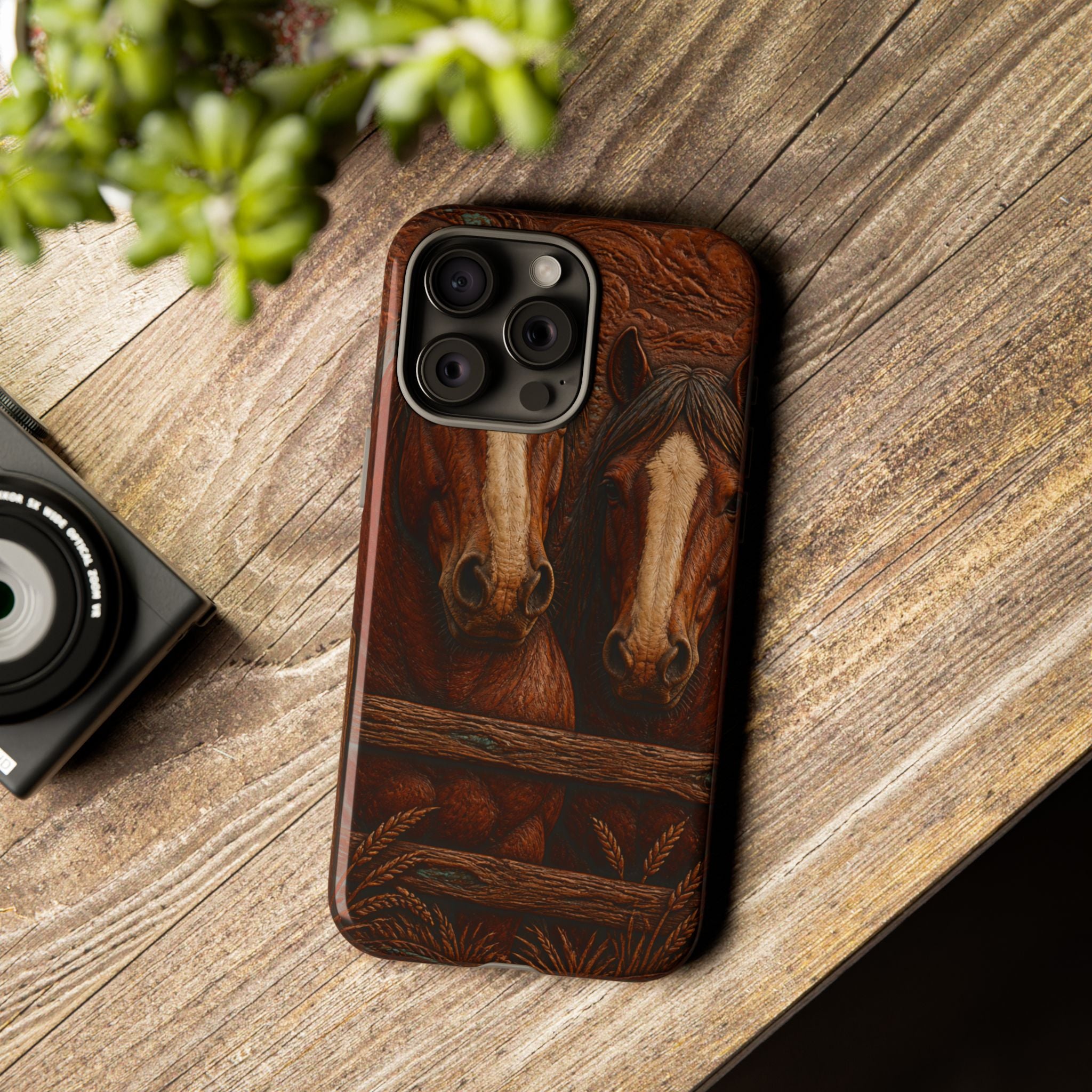 Draft Horse iPhone Case – Draft Horses at the Fence Tooled Leather | Tough Dual-Layer Case, iPhone 11–17