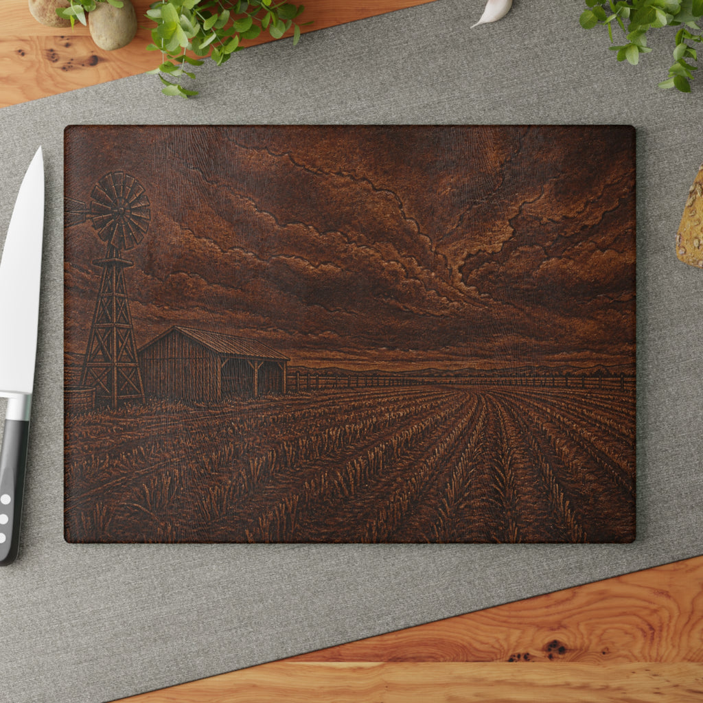 Windmill Glass Cutting Board – Embossed Leather Windmill | Tempered Glass Charcuterie & Serving Board