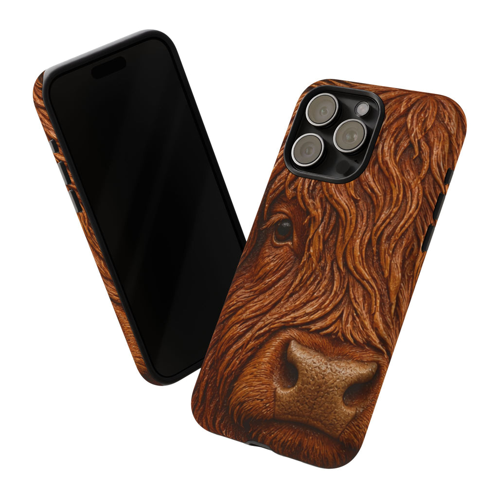 Highland Cow iPhone Case – Mini Highland - Tooled Leather Portrait | Tough Dual-Layer Case, iPhone 11–17