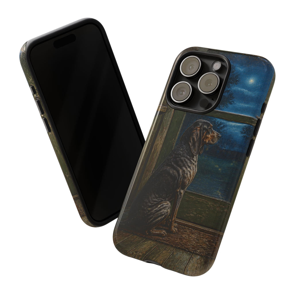 Coonhound Dog iPhone Case – Coonhound at the Screen Door Painted Tin | Tough Dual-Layer Case, iPhone 11–17