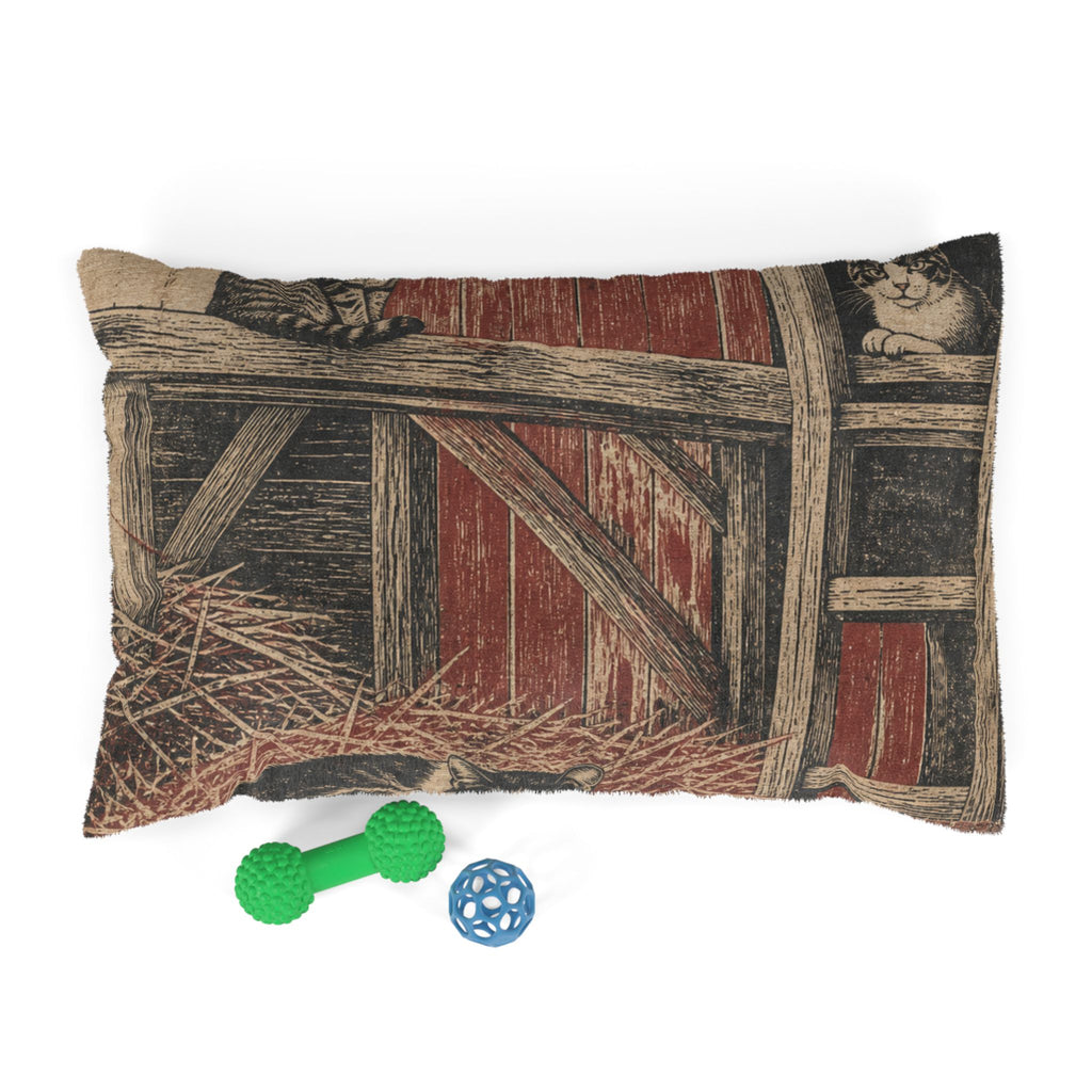 Barn Cat Washable Dog Bed – Barn Cats in the Hayloft Flour-Sack Woodblock | Soft Fleece Pet Bed, 3 Sizes