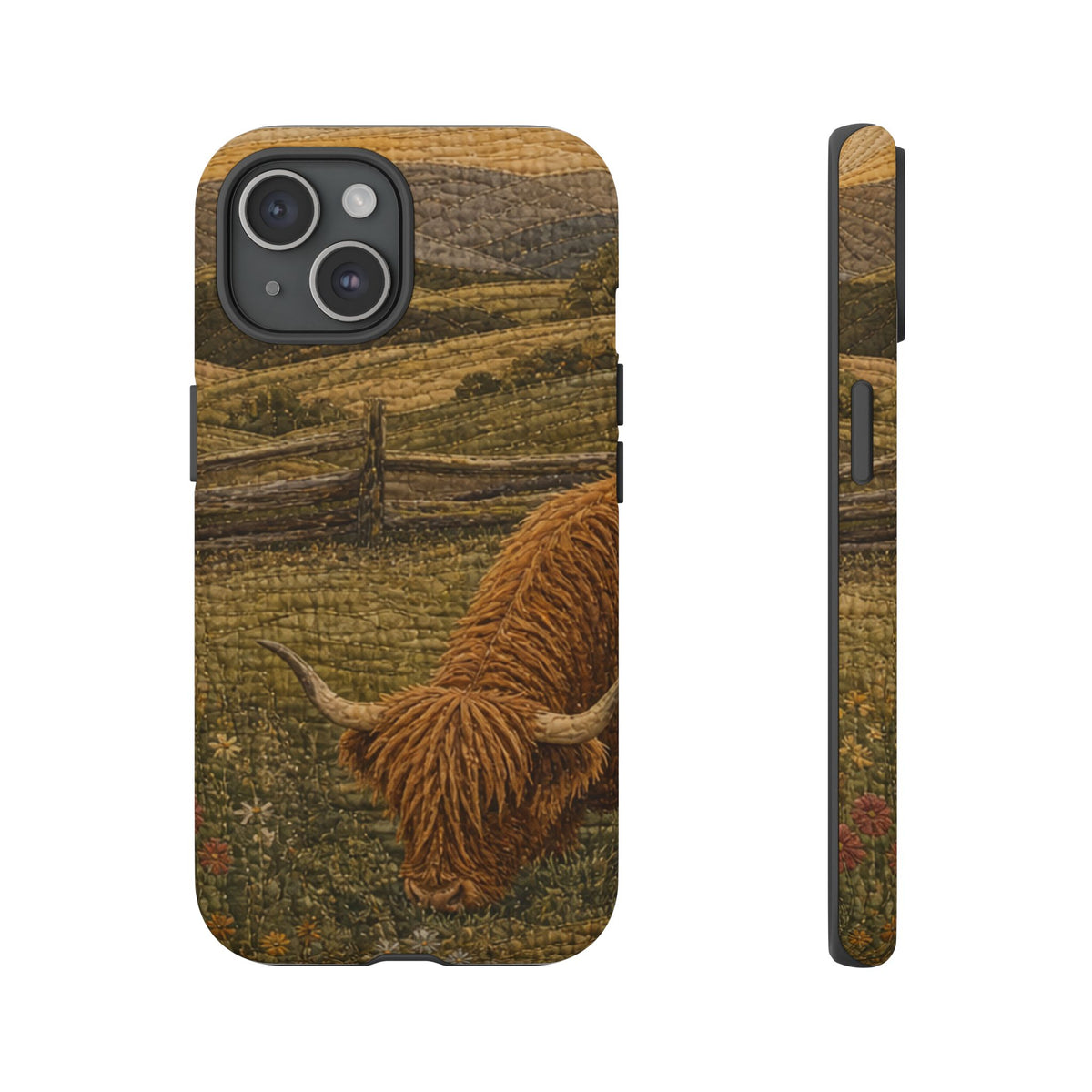 Highland Cow iPhone Case – Mini Highland - Heirloom Quilt Meadow | Tough Dual-Layer Case, iPhone 11–17