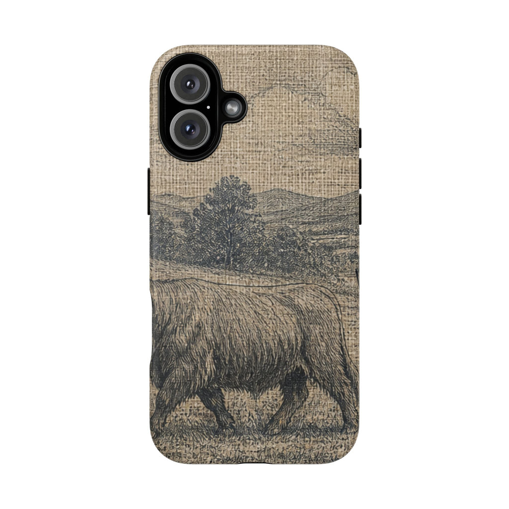 Highland Cow iPhone Case – Mini Highland - Linen Field Engraving | Tough Dual-Layer Case, iPhone 11–17