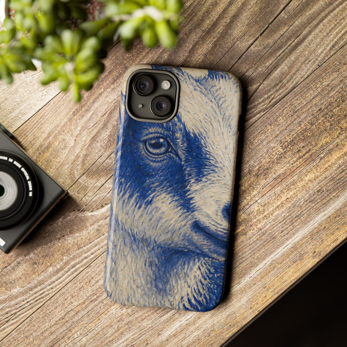 Goat iPhone Case – Pygmy Goat - Cobalt Transferware Portrait | Tough Dual-Layer Case, iPhone 11–17
