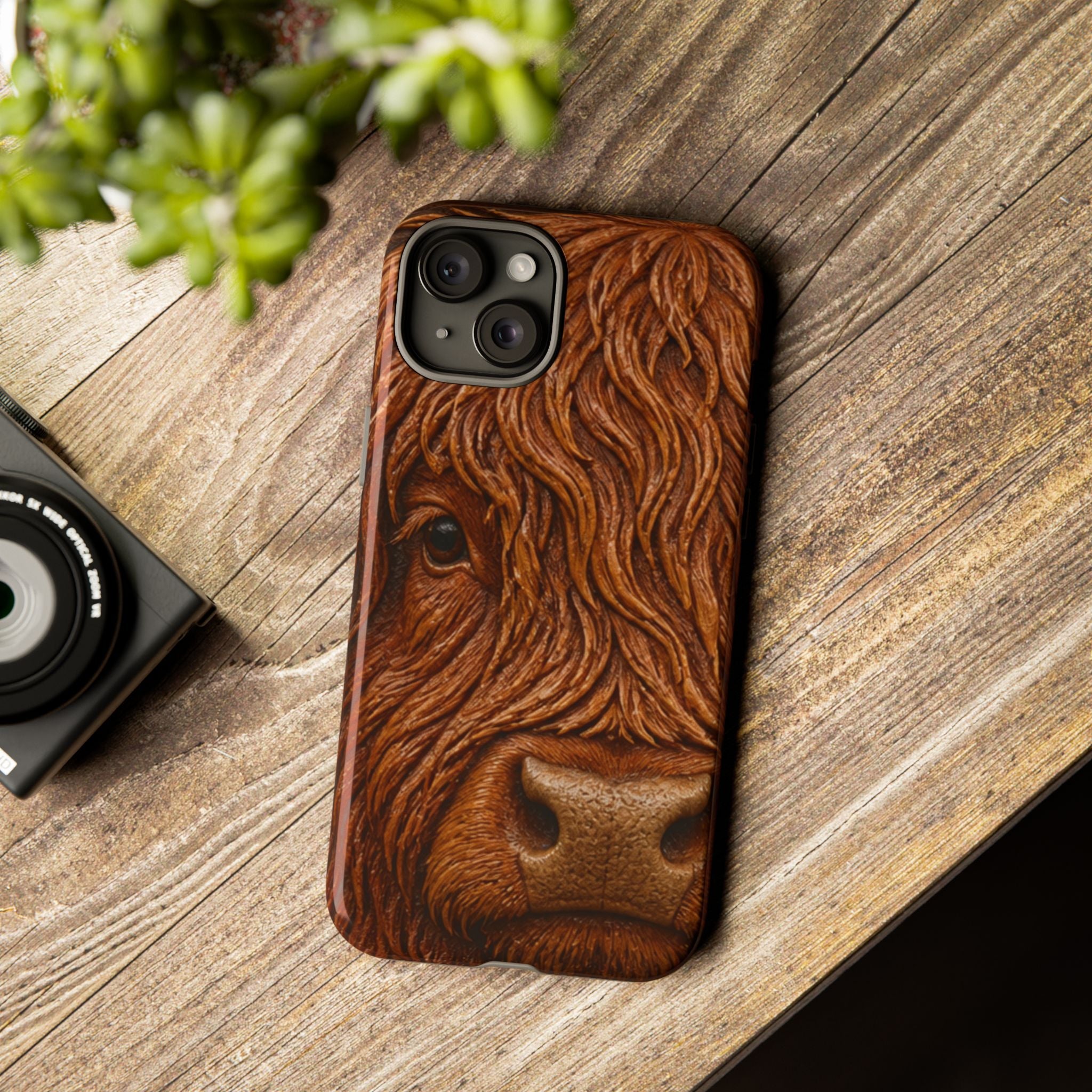 Highland Cow iPhone Case – Mini Highland - Tooled Leather Portrait | Tough Dual-Layer Case, iPhone 11–17