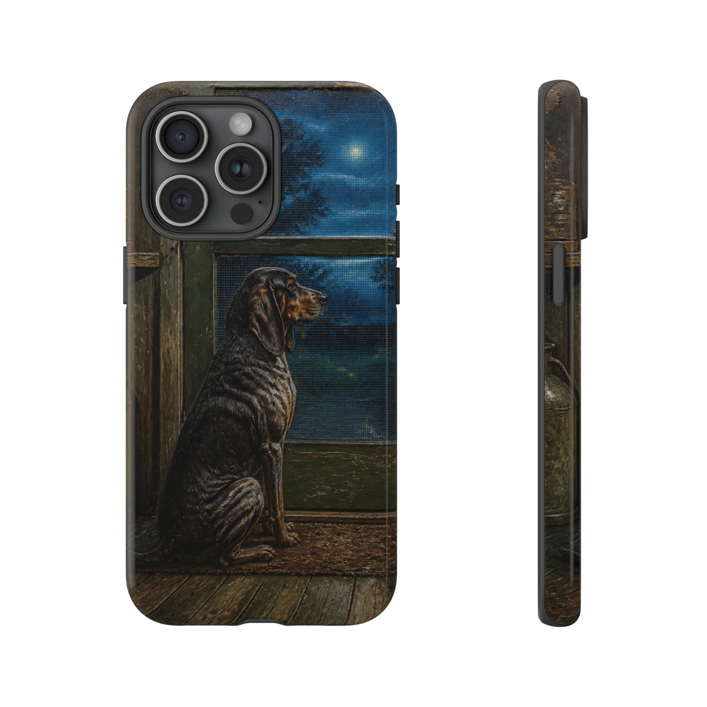 Coonhound Dog iPhone Case – Coonhound at the Screen Door Painted Tin | Tough Dual-Layer Case, iPhone 11–17