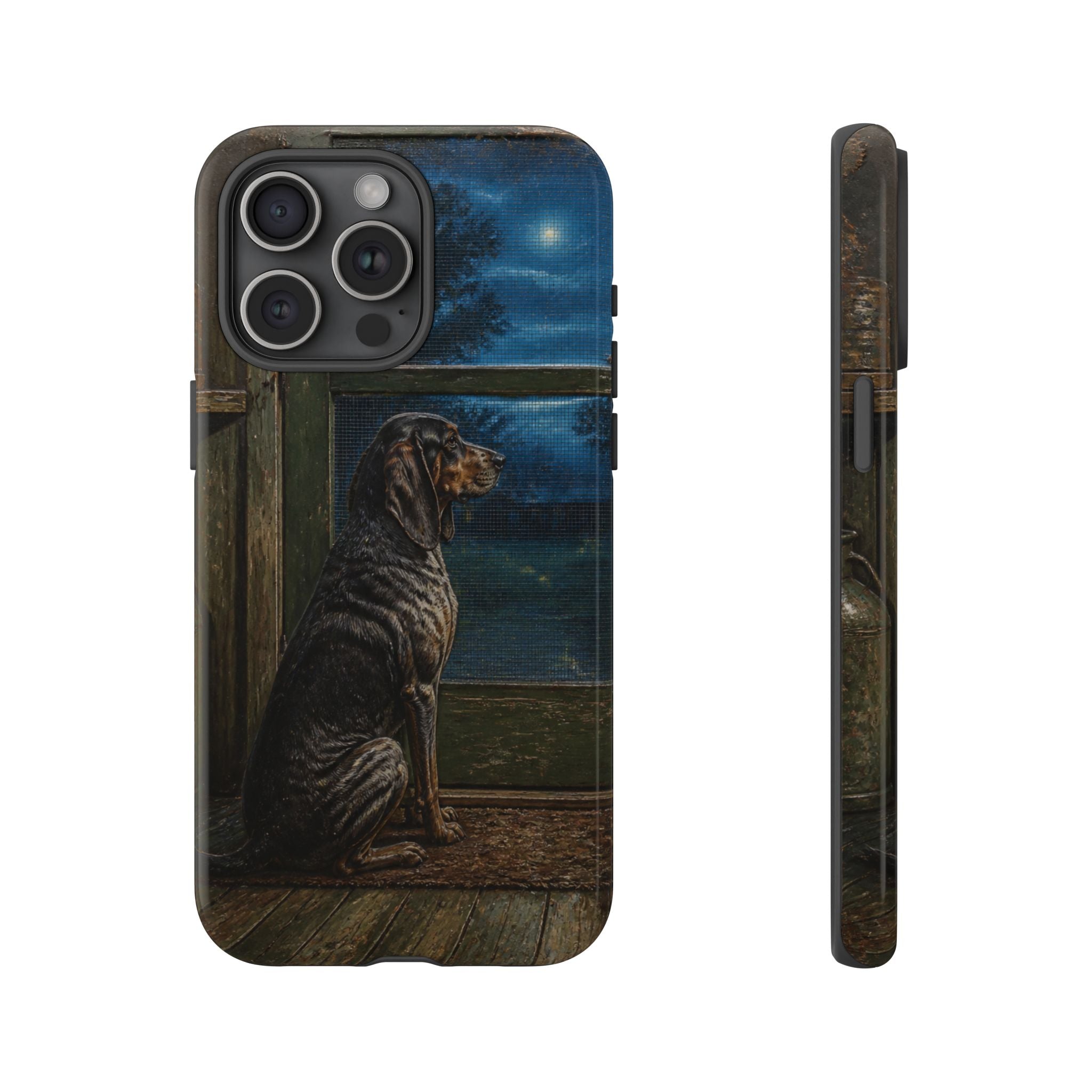 Coonhound Dog iPhone Case – Coonhound at the Screen Door Painted Tin | Tough Dual-Layer Case, iPhone 11–17