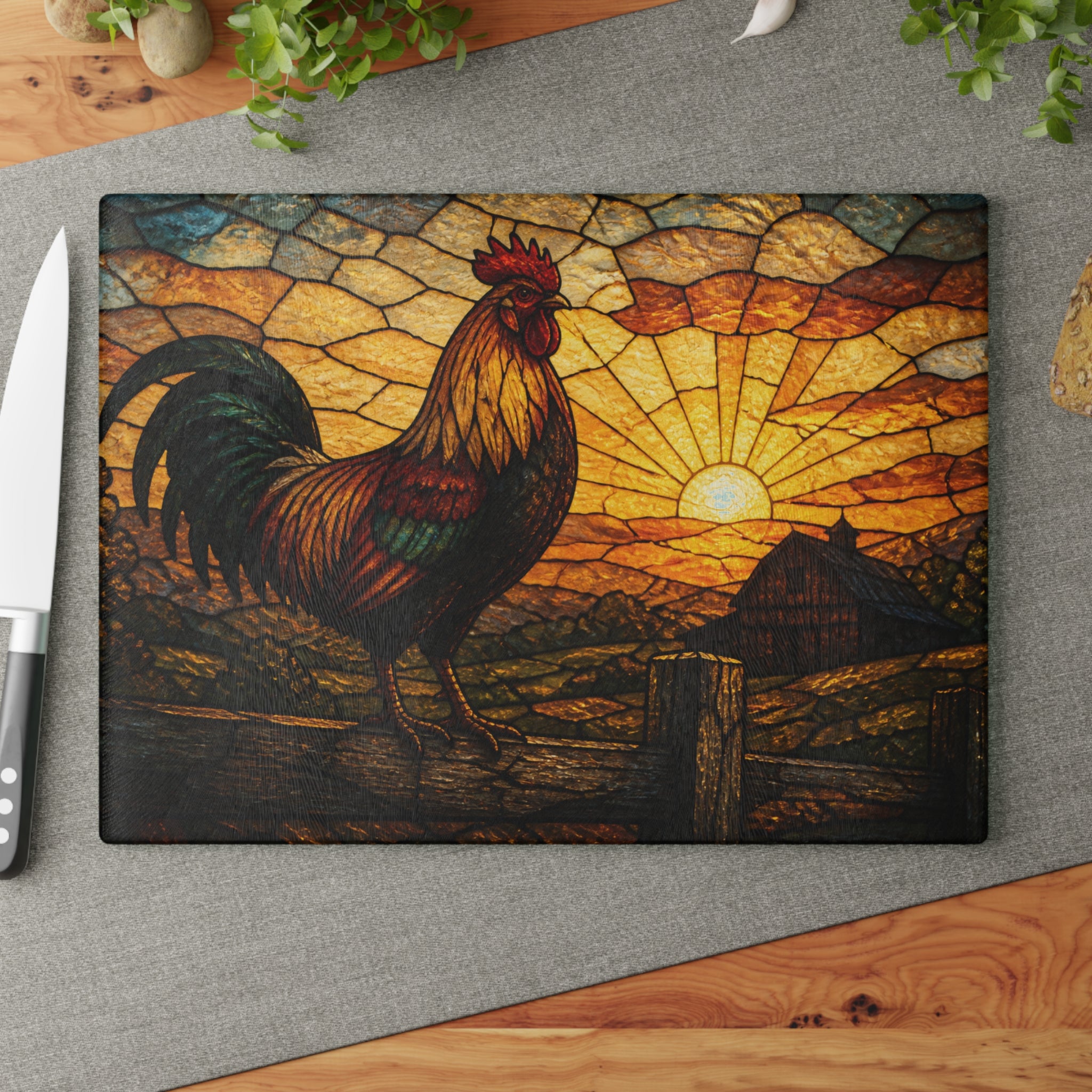 Rooster Glass Cutting Board – Rooster at First Light Stained | Tempered Glass Charcuterie & Serving Board