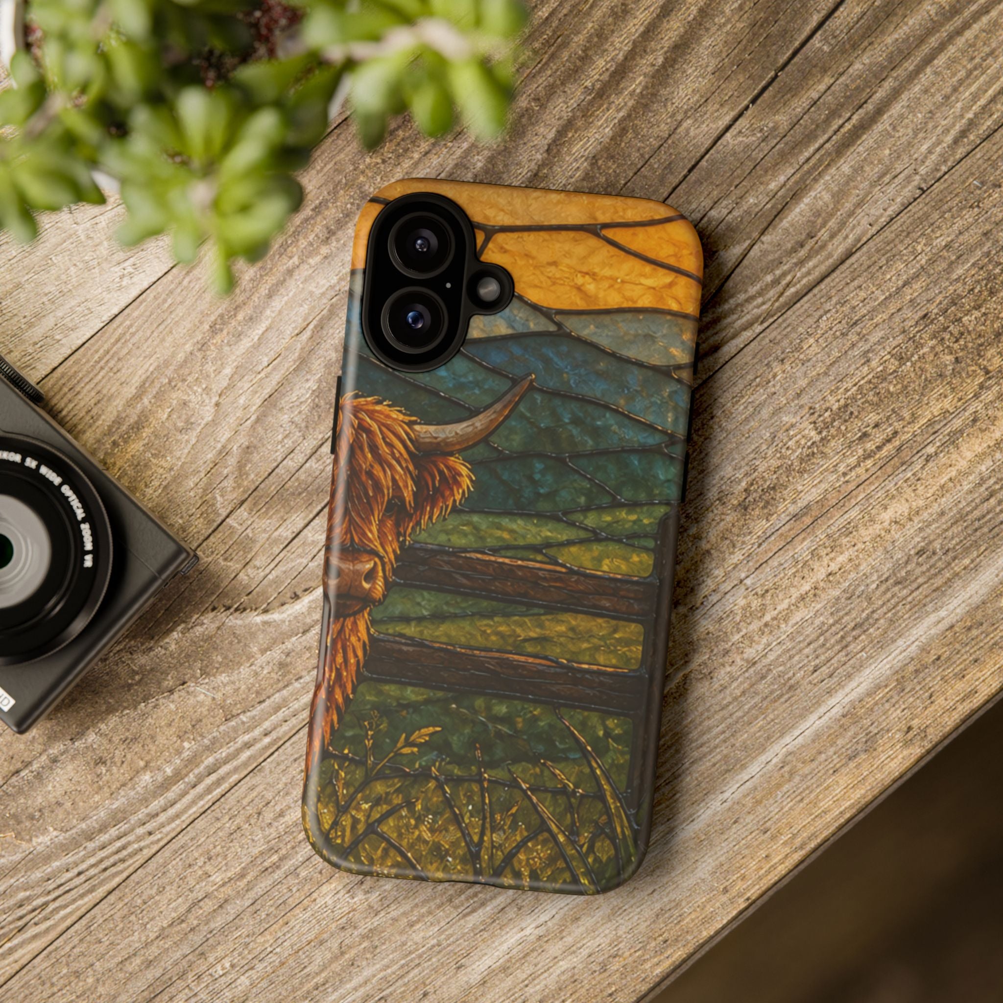 Highland Cow iPhone Case – Mini Highland - Stained Glass Morning Pasture | Tough Dual-Layer Case, iPhone 11–17