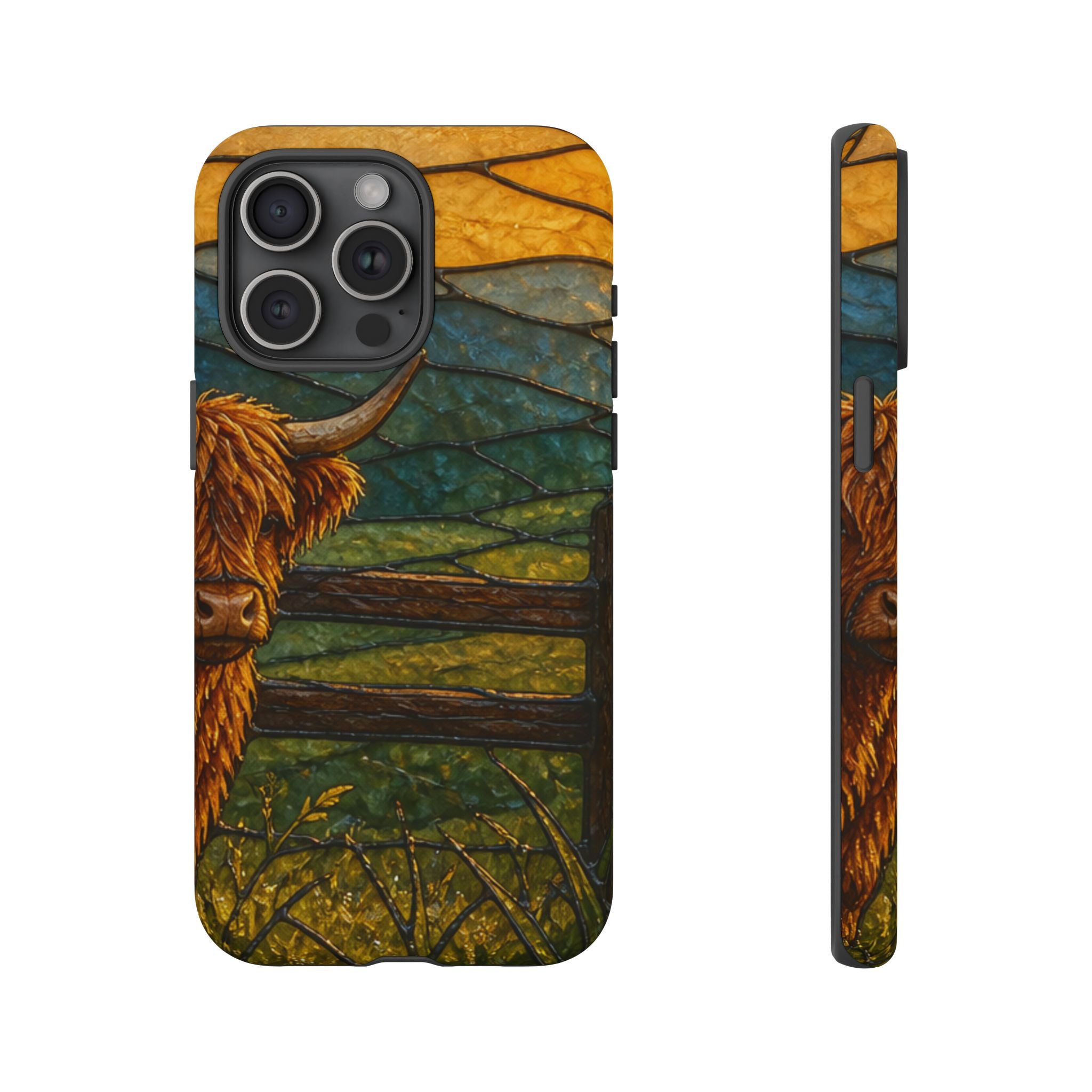 Highland Cow iPhone Case – Mini Highland - Stained Glass Morning Pasture | Tough Dual-Layer Case, iPhone 11–17