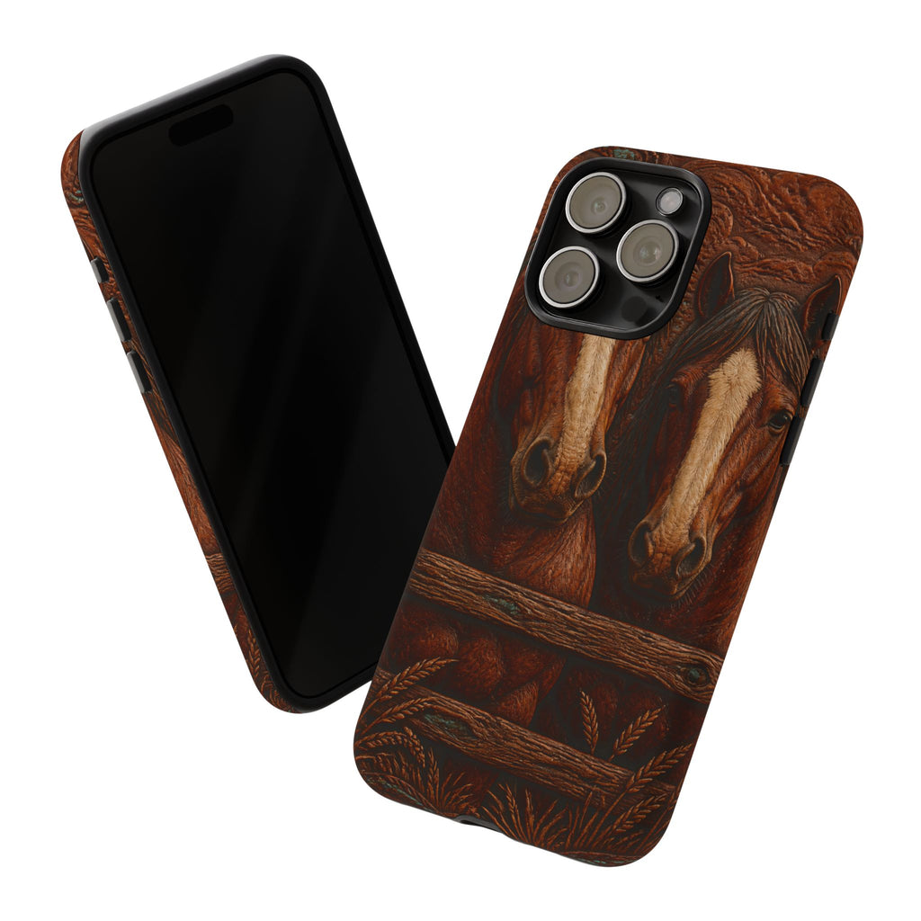 Draft Horse iPhone Case – Draft Horses at the Fence Tooled Leather | Tough Dual-Layer Case, iPhone 11–17