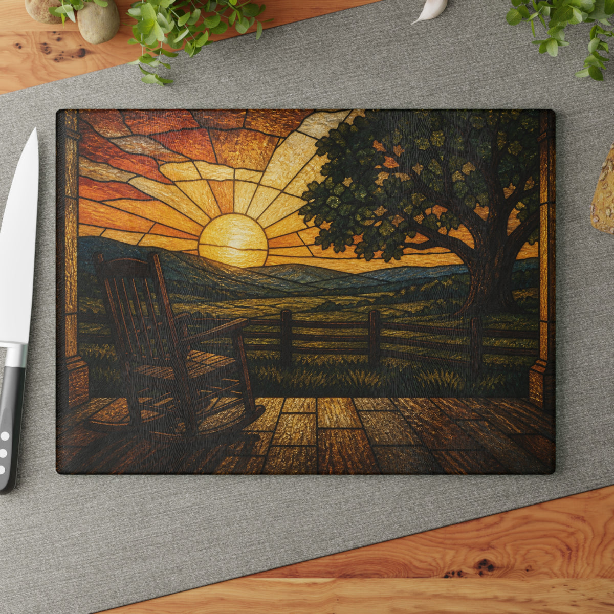 Glass Cutting Board – Stained Glass Porch Sunrise | Tempered Glass Charcuterie & Serving Board