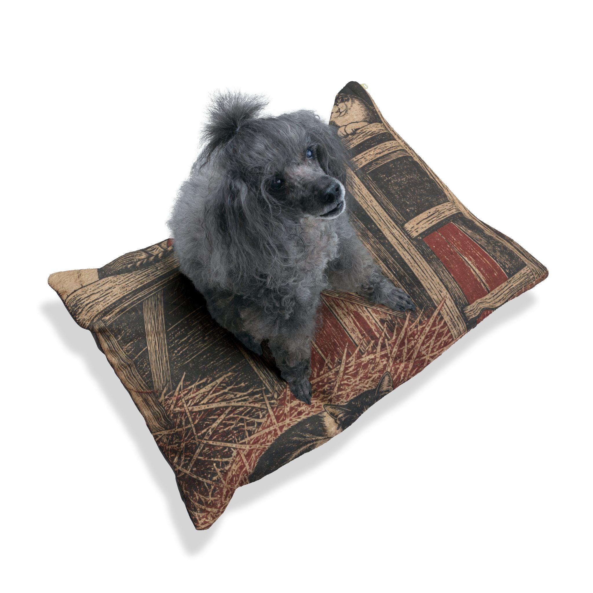 Barn Cat Washable Dog Bed – Barn Cats in the Hayloft Flour-Sack Woodblock | Soft Fleece Pet Bed, 3 Sizes