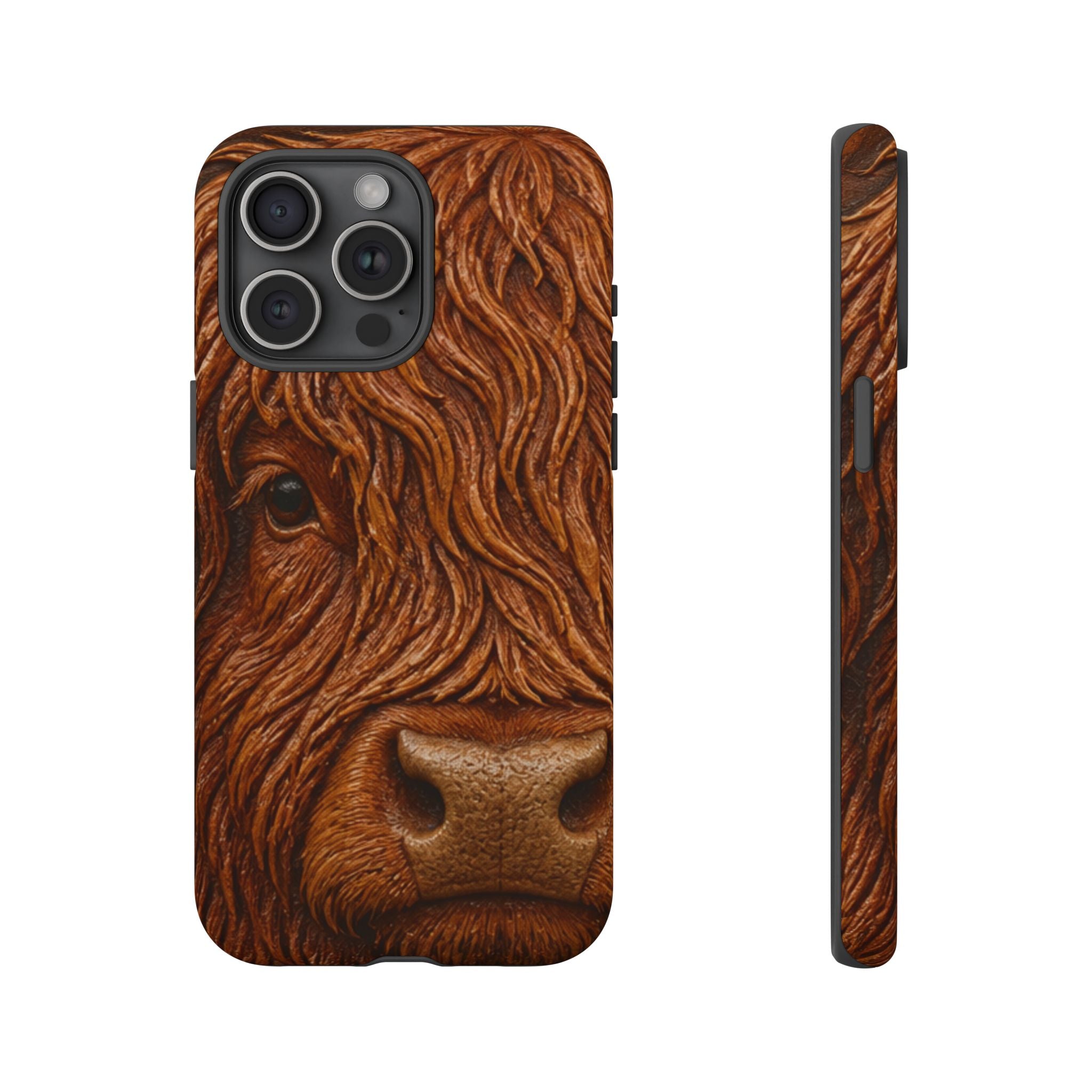 Highland Cow iPhone Case – Mini Highland - Tooled Leather Portrait | Tough Dual-Layer Case, iPhone 11–17