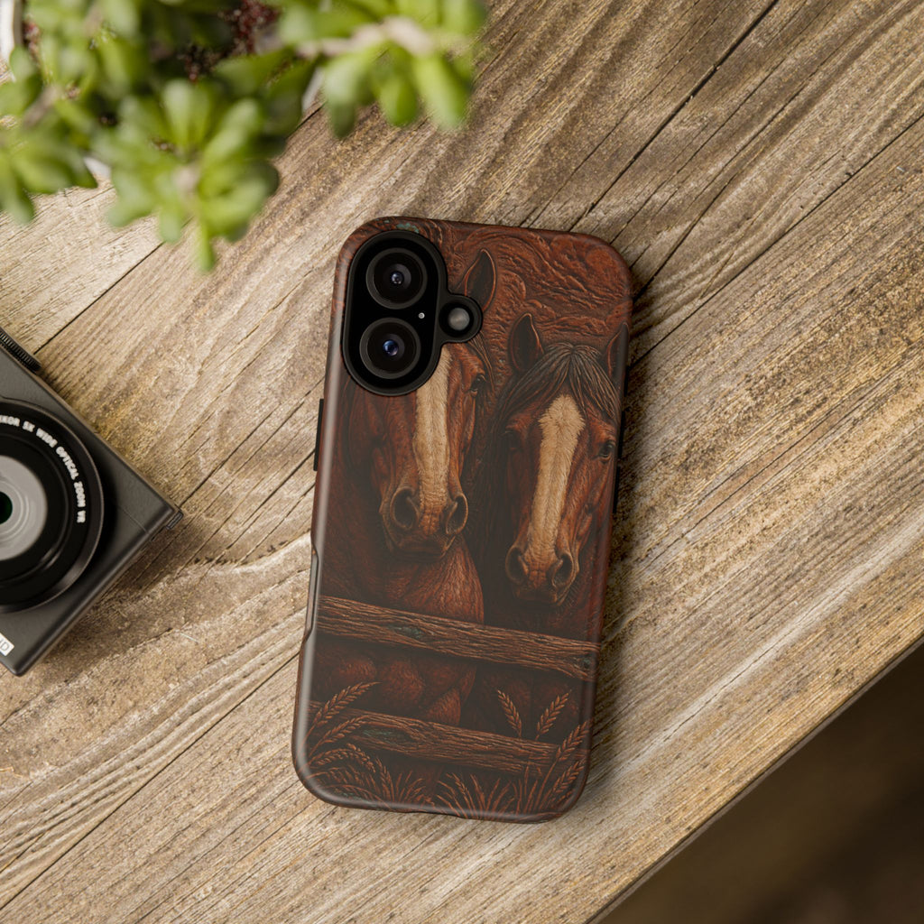 Draft Horse iPhone Case – Draft Horses at the Fence Tooled Leather | Tough Dual-Layer Case, iPhone 11–17