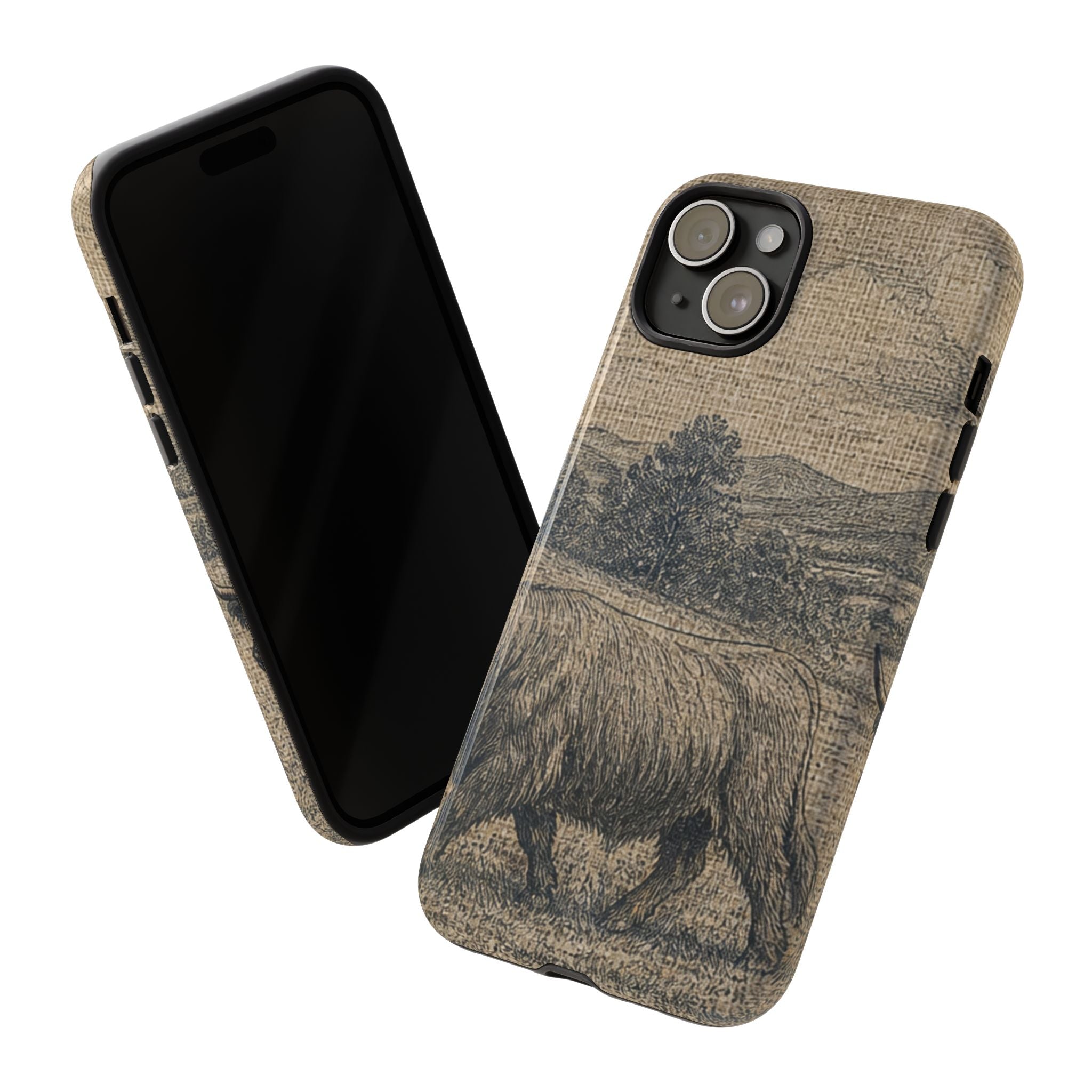 Highland Cow iPhone Case – Mini Highland - Linen Field Engraving | Tough Dual-Layer Case, iPhone 11–17