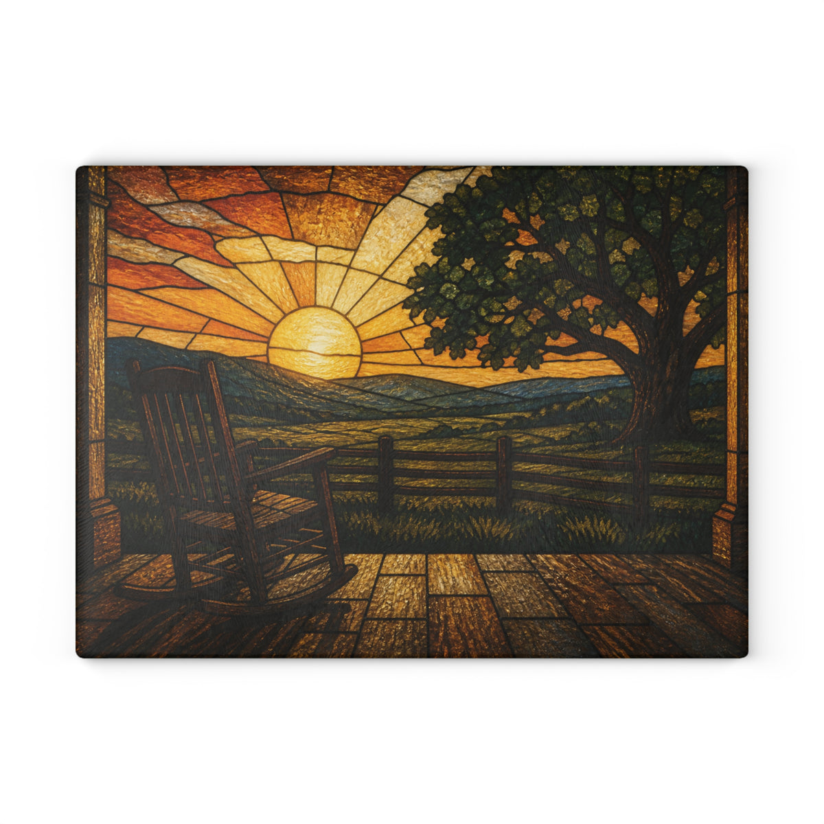 Glass Cutting Board – Stained Glass Porch Sunrise | Tempered Glass Charcuterie & Serving Board
