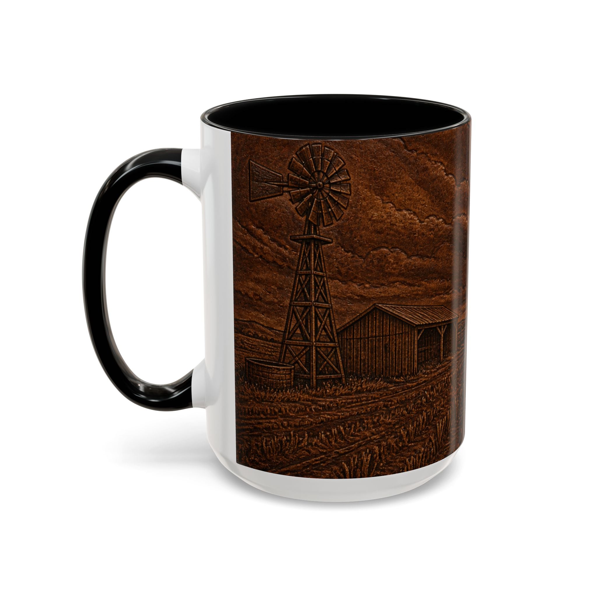 Windmill Farmhouse Coffee Mug – Embossed Leather Windmill | Ceramic Accent Mug, 11oz or 15oz
