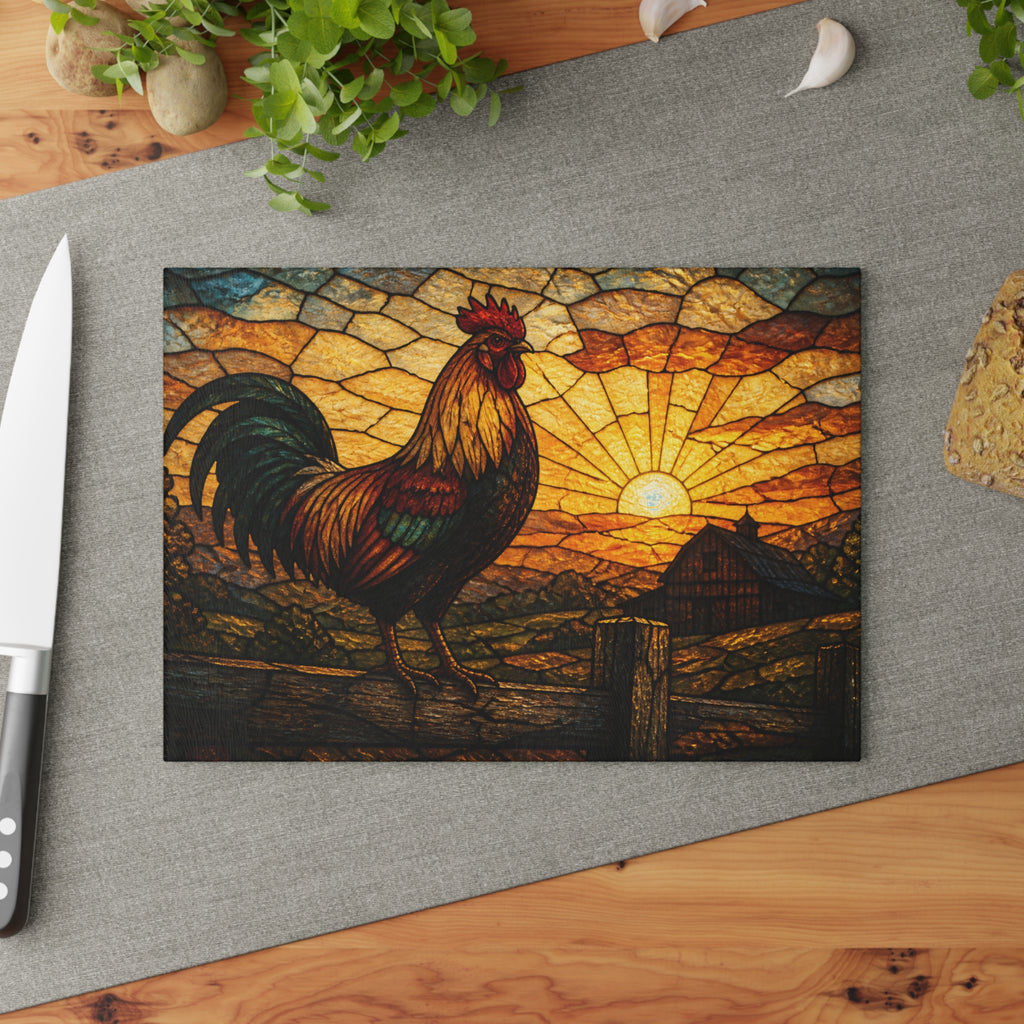 Rooster Glass Cutting Board – Rooster at First Light Stained | Tempered Glass Charcuterie & Serving Board