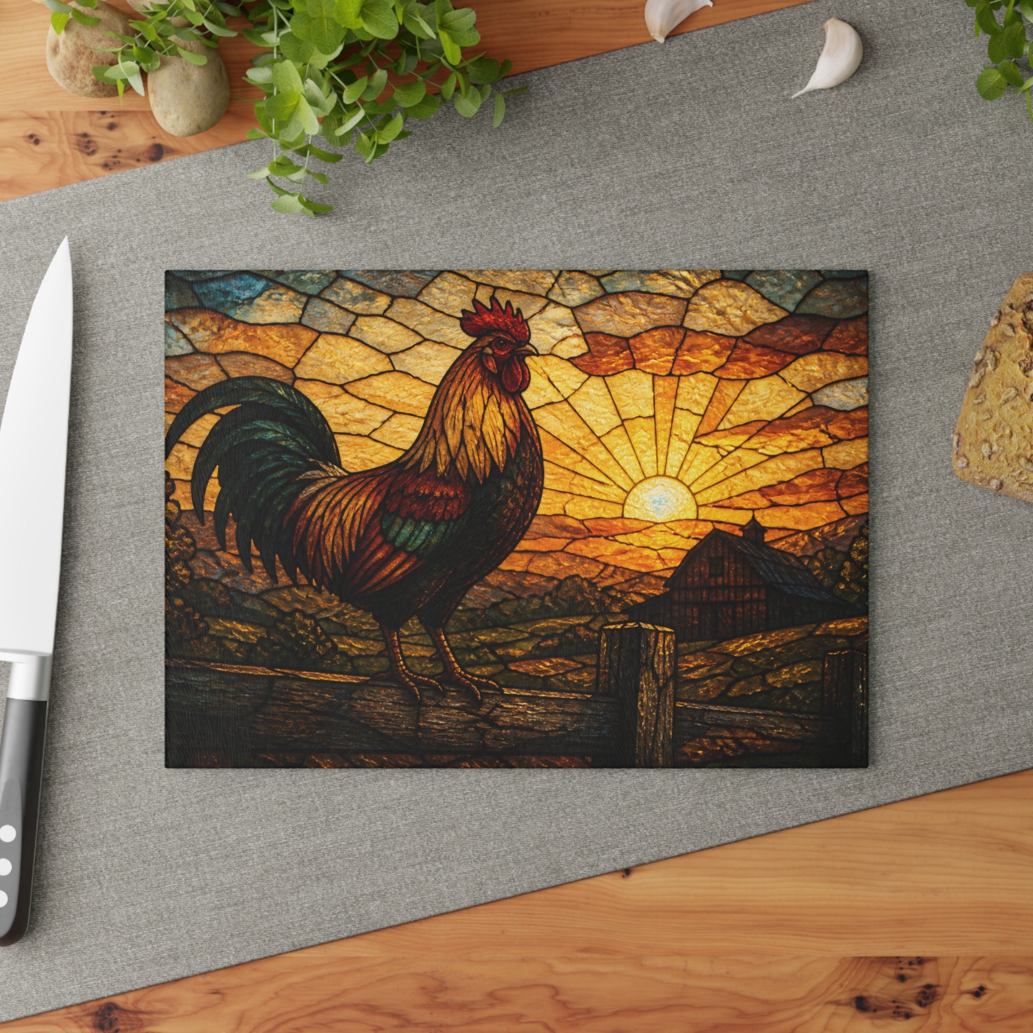 Rooster Glass Cutting Board – Rooster at First Light Stained | Tempered Glass Charcuterie & Serving Board