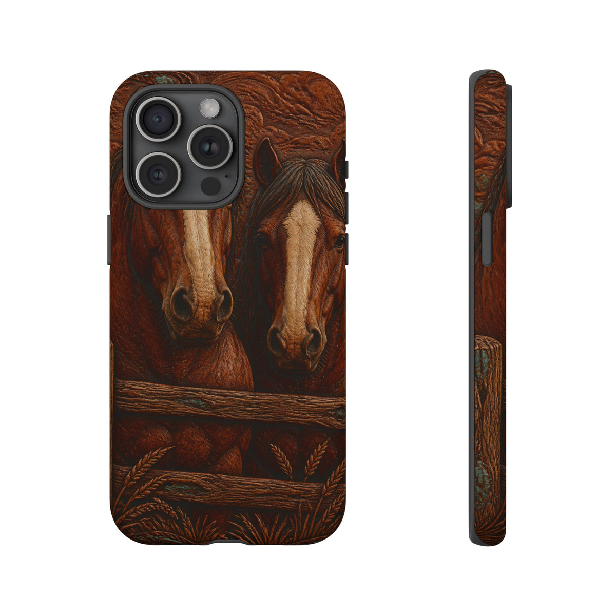 Draft Horse iPhone Case – Draft Horses at the Fence Tooled Leather | Tough Dual-Layer Case, iPhone 11–17