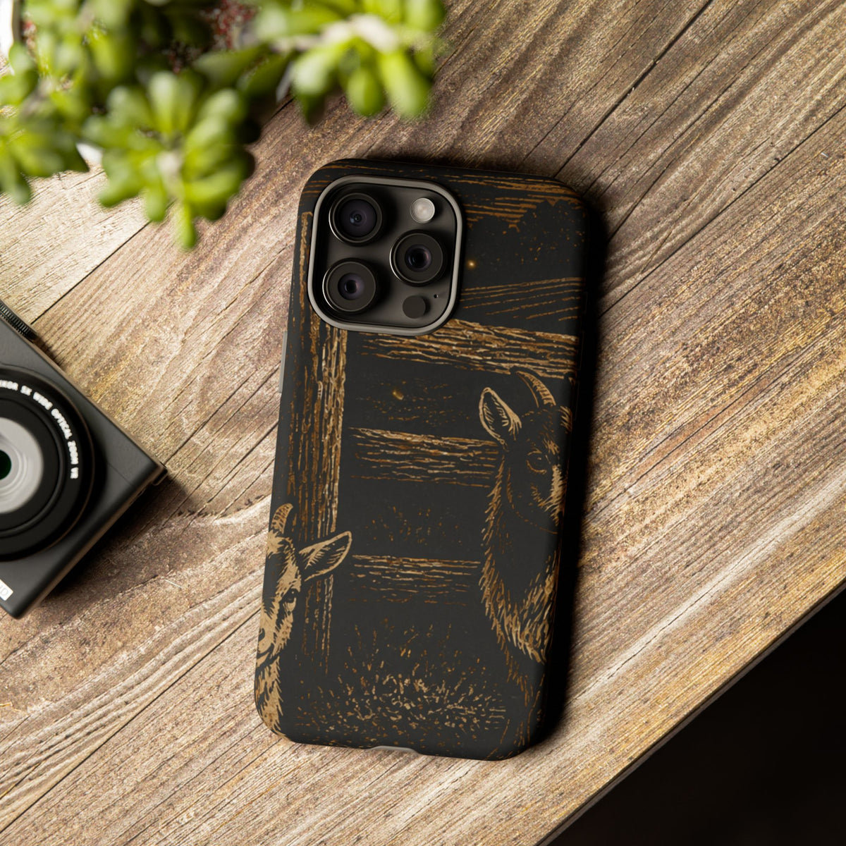 Goat iPhone Case – Pygmy Goats - Night Linocut Fireflies | Tough Dual-Layer Case, iPhone 11–17