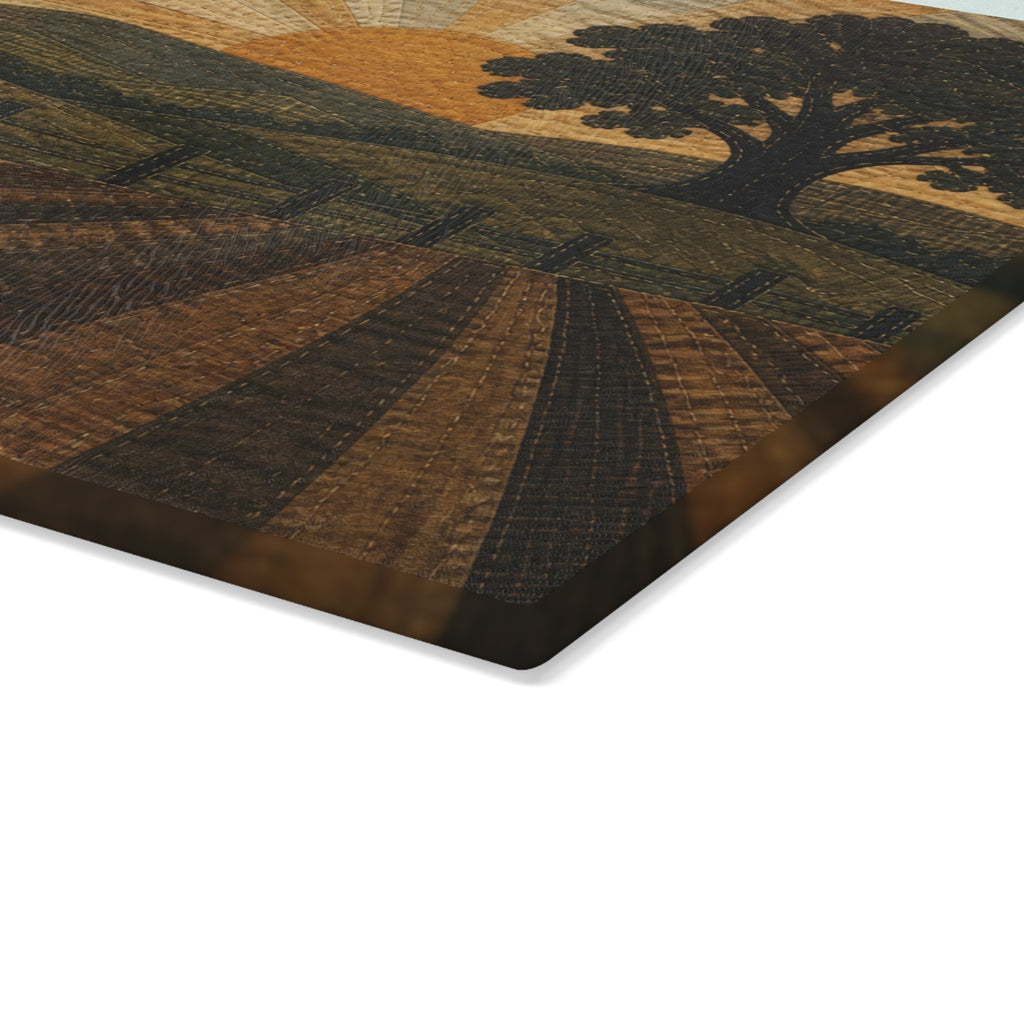 Glass Cutting Board – Quilted Pasture Sunset | Tempered Glass Charcuterie & Serving Board