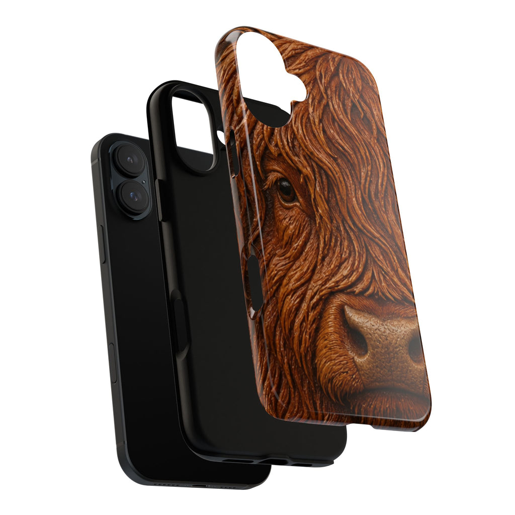 Highland Cow iPhone Case – Mini Highland - Tooled Leather Portrait | Tough Dual-Layer Case, iPhone 11–17