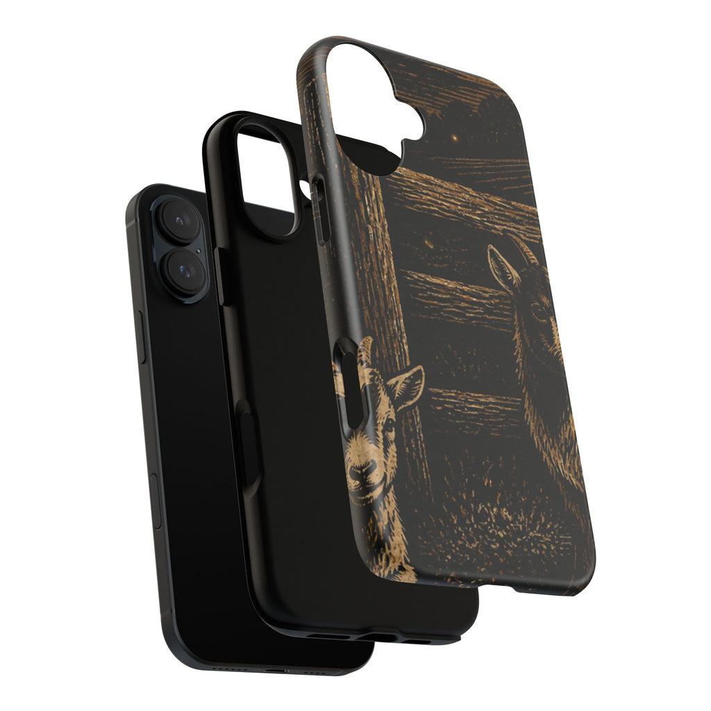 Goat iPhone Case – Pygmy Goats - Night Linocut Fireflies | Tough Dual-Layer Case, iPhone 11–17