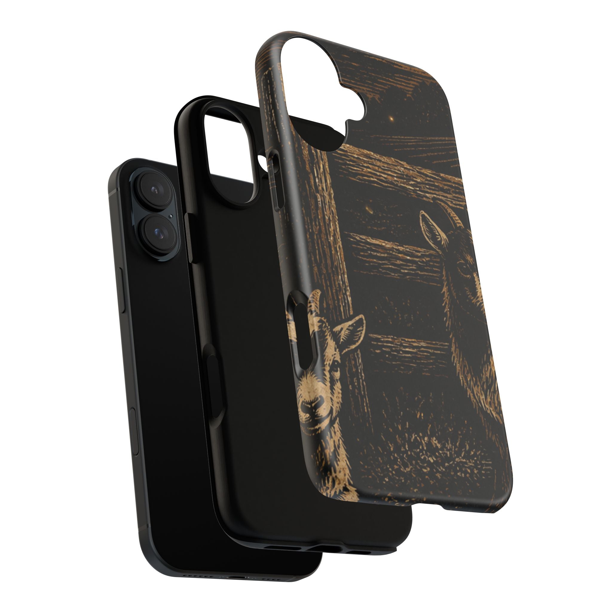 Goat iPhone Case – Pygmy Goats - Night Linocut Fireflies | Tough Dual-Layer Case, iPhone 11–17