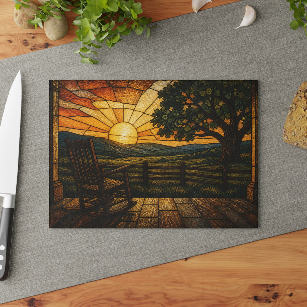 Glass Cutting Board – Stained Glass Porch Sunrise | Tempered Glass Charcuterie & Serving Board