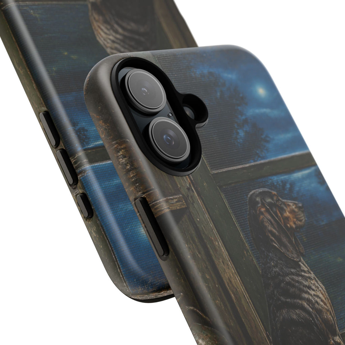 Coonhound Dog iPhone Case – Coonhound at the Screen Door Painted Tin | Tough Dual-Layer Case, iPhone 11–17