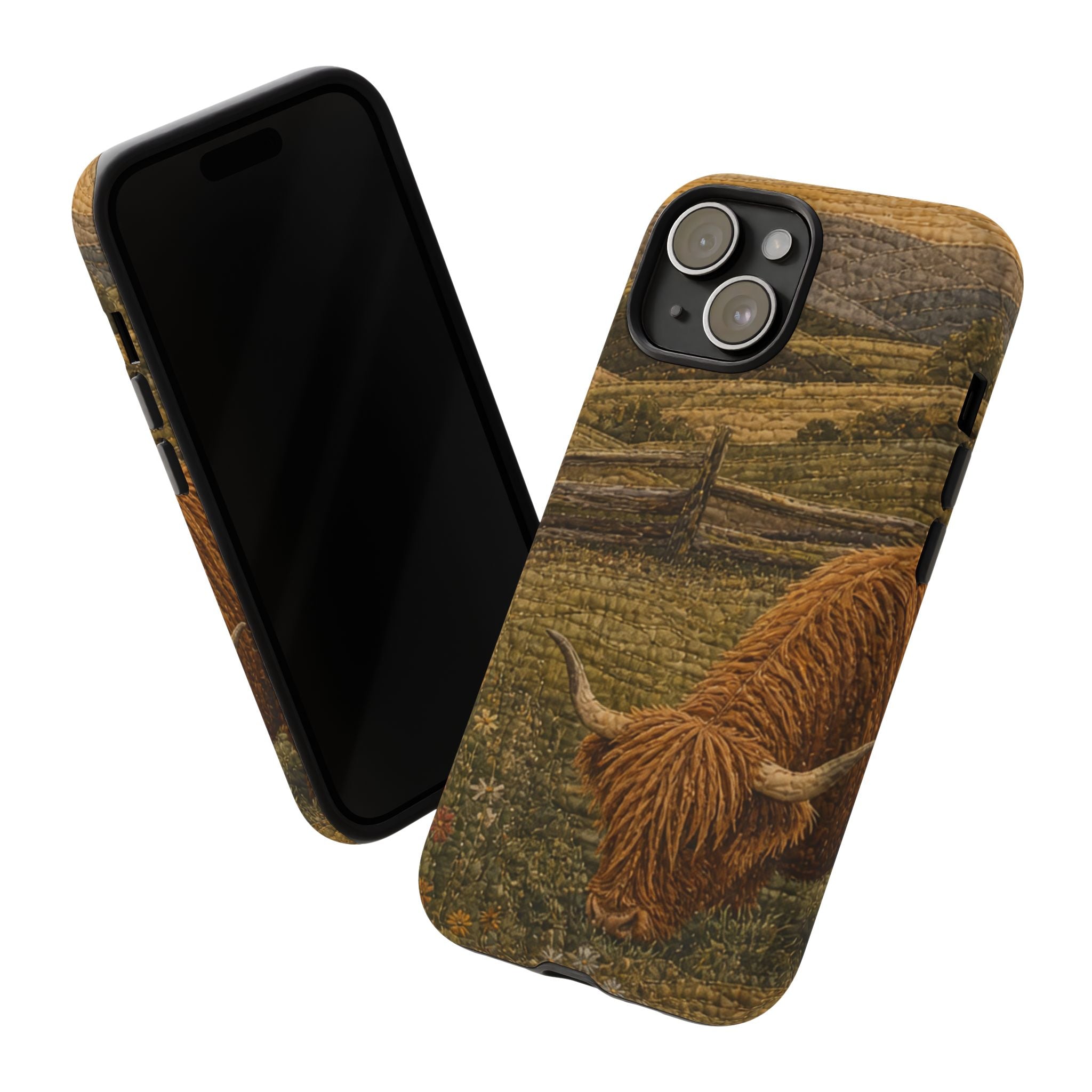 Highland Cow iPhone Case – Mini Highland - Heirloom Quilt Meadow | Tough Dual-Layer Case, iPhone 11–17