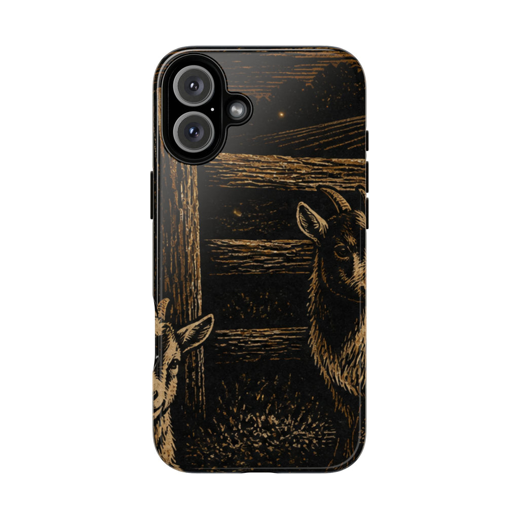 Goat iPhone Case – Pygmy Goats - Night Linocut Fireflies | Tough Dual-Layer Case, iPhone 11–17
