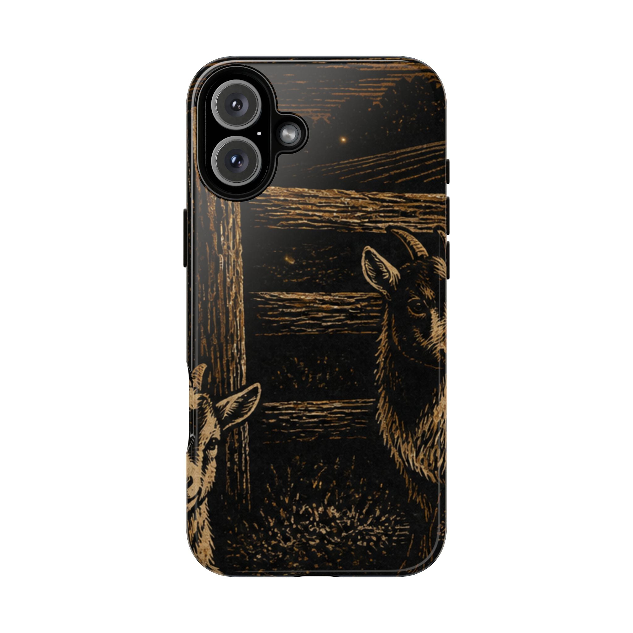 Goat iPhone Case – Pygmy Goats - Night Linocut Fireflies | Tough Dual-Layer Case, iPhone 11–17