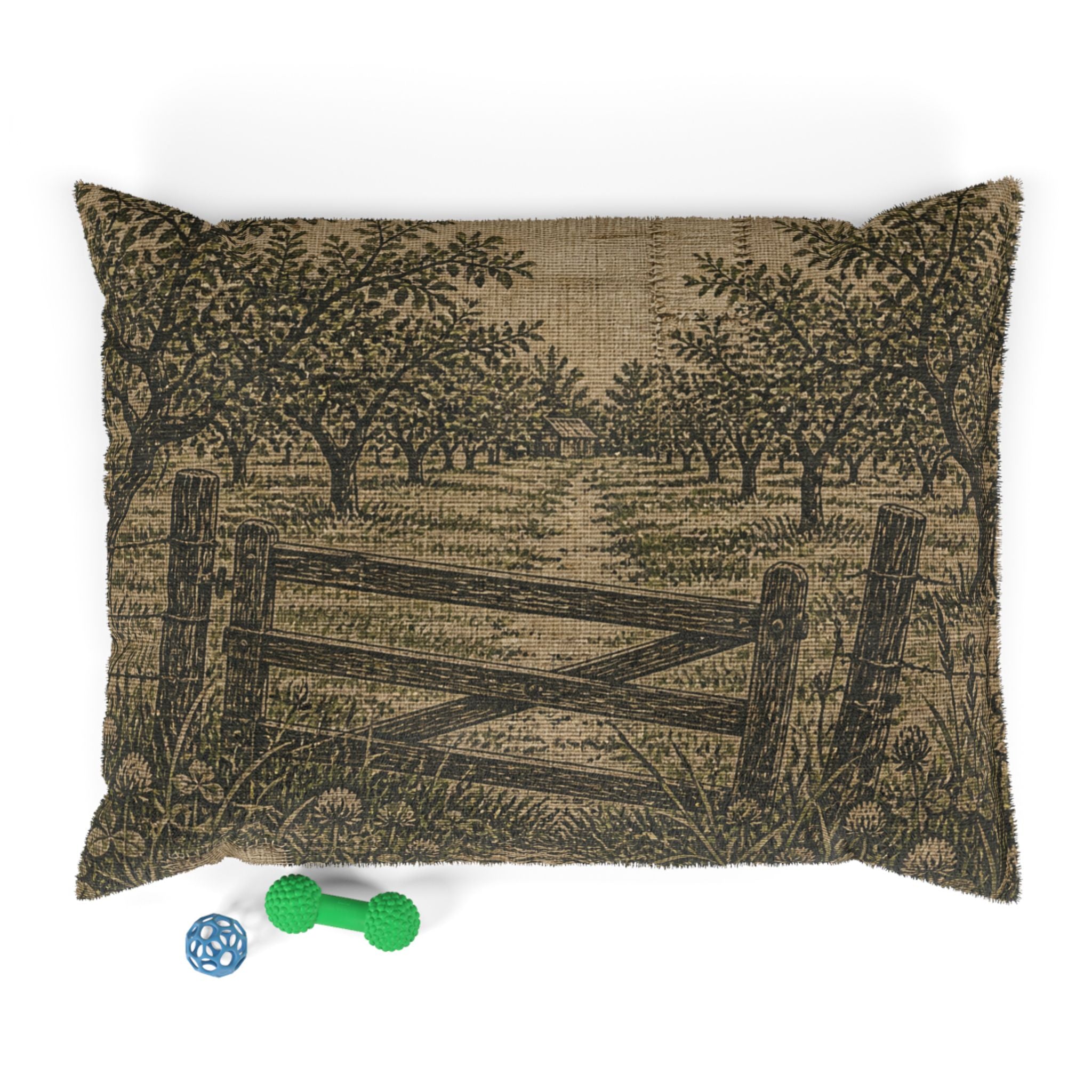 Washable Dog Bed – Grain-Sack Orchard Gate | Soft Fleece Pet Bed, 3 Sizes