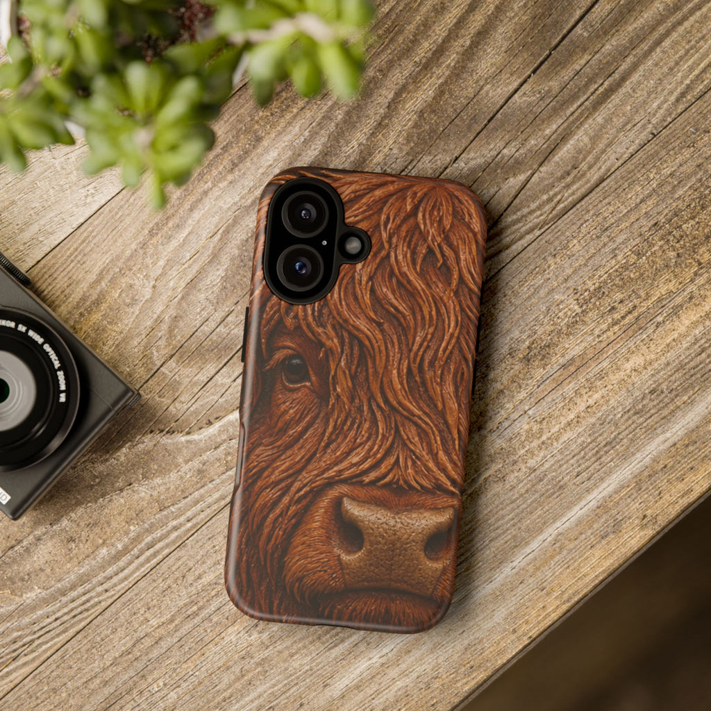 Highland Cow iPhone Case – Mini Highland - Tooled Leather Portrait | Tough Dual-Layer Case, iPhone 11–17