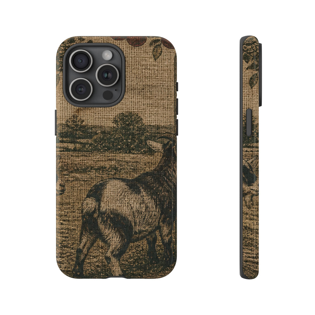 Goat iPhone Case – Pygmy Goats - Grain-Sack Orchard Gate | Tough Dual-Layer Case, iPhone 11–17