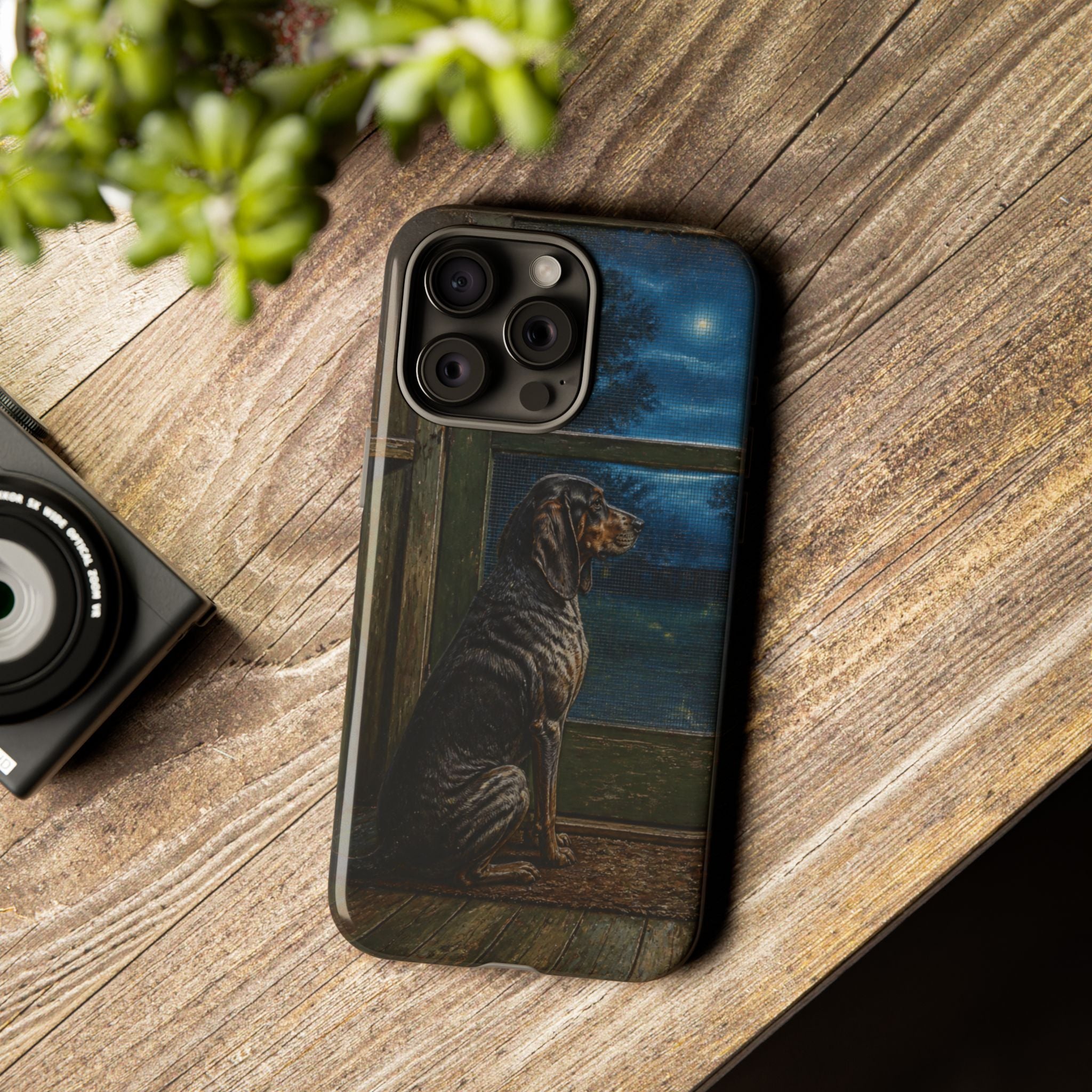 Coonhound Dog iPhone Case – Coonhound at the Screen Door Painted Tin | Tough Dual-Layer Case, iPhone 11–17