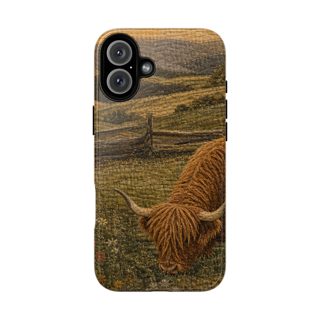 Highland Cow iPhone Case – Mini Highland - Heirloom Quilt Meadow | Tough Dual-Layer Case, iPhone 11–17