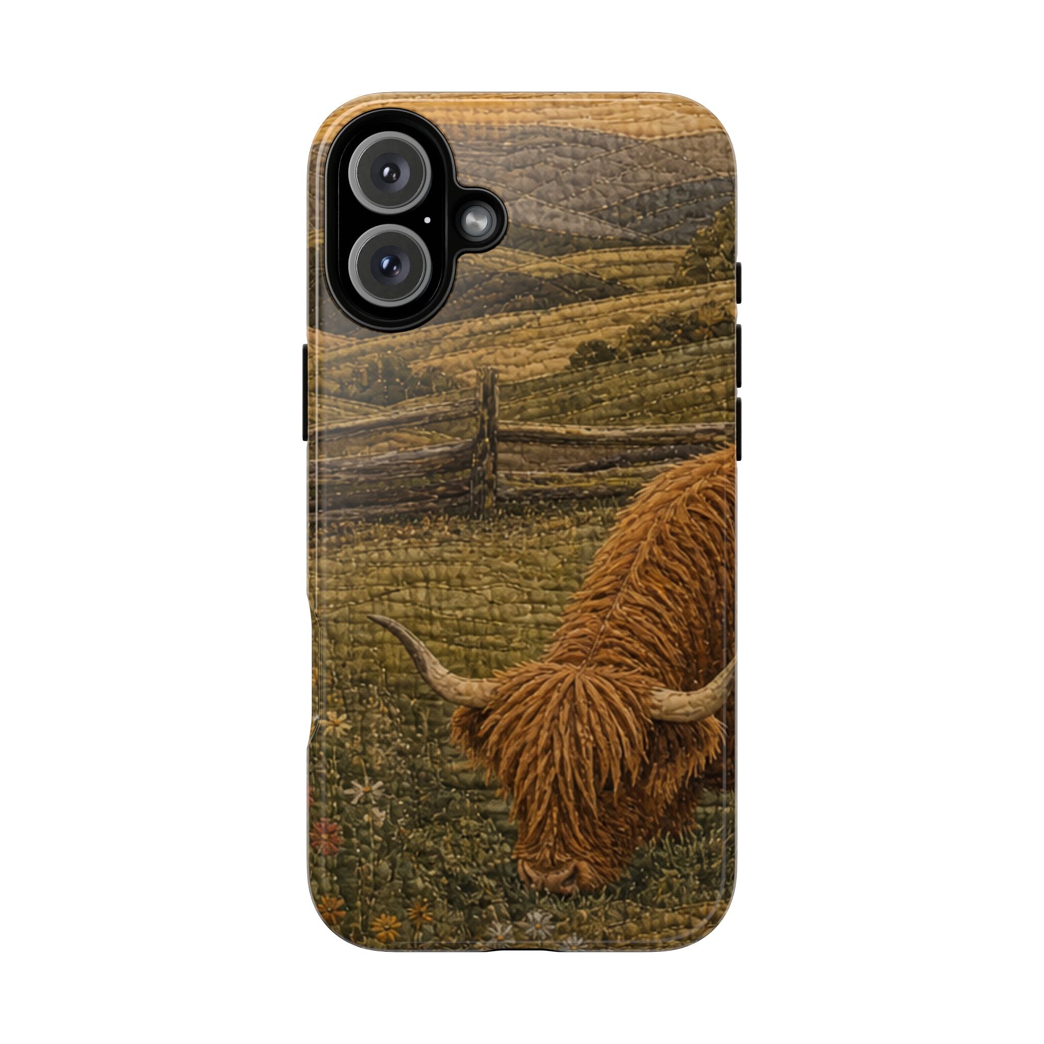 Highland Cow iPhone Case – Mini Highland - Heirloom Quilt Meadow | Tough Dual-Layer Case, iPhone 11–17