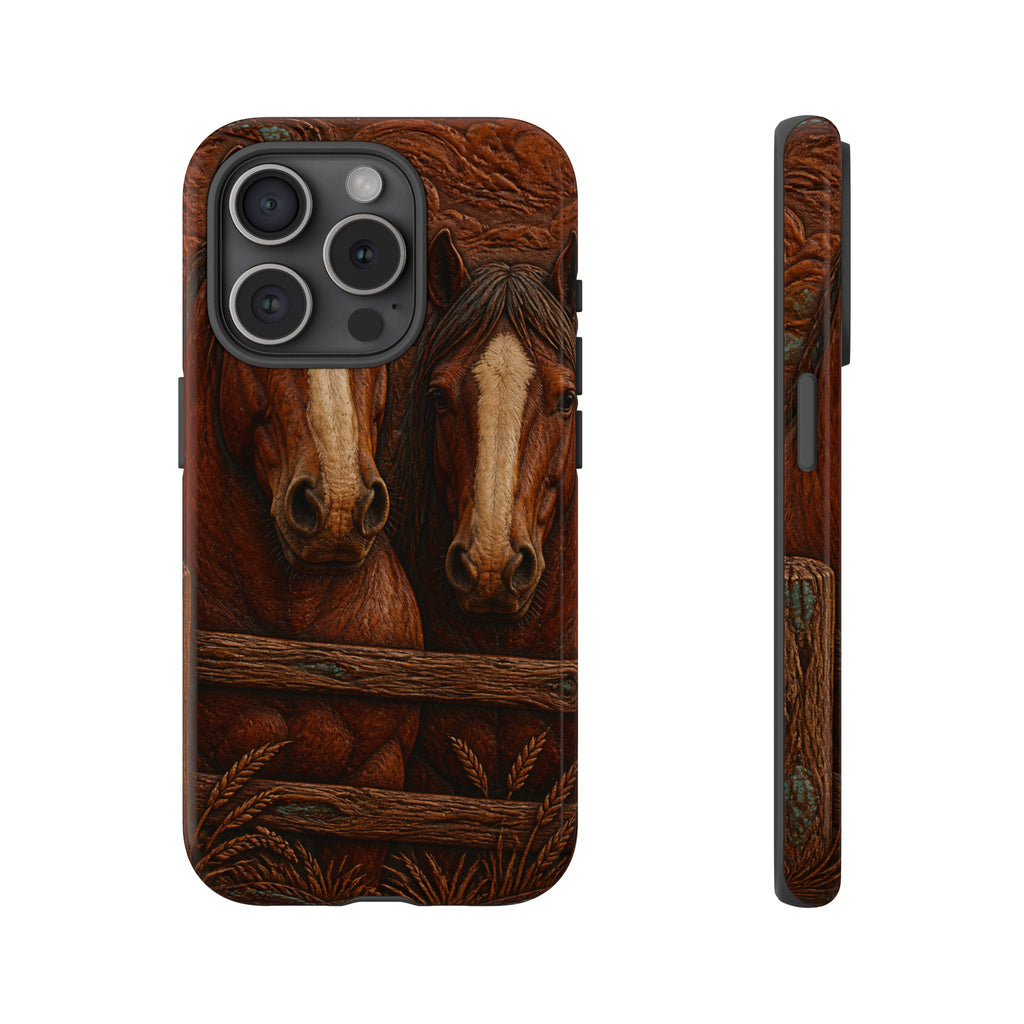Draft Horse iPhone Case – Draft Horses at the Fence Tooled Leather | Tough Dual-Layer Case, iPhone 11–17