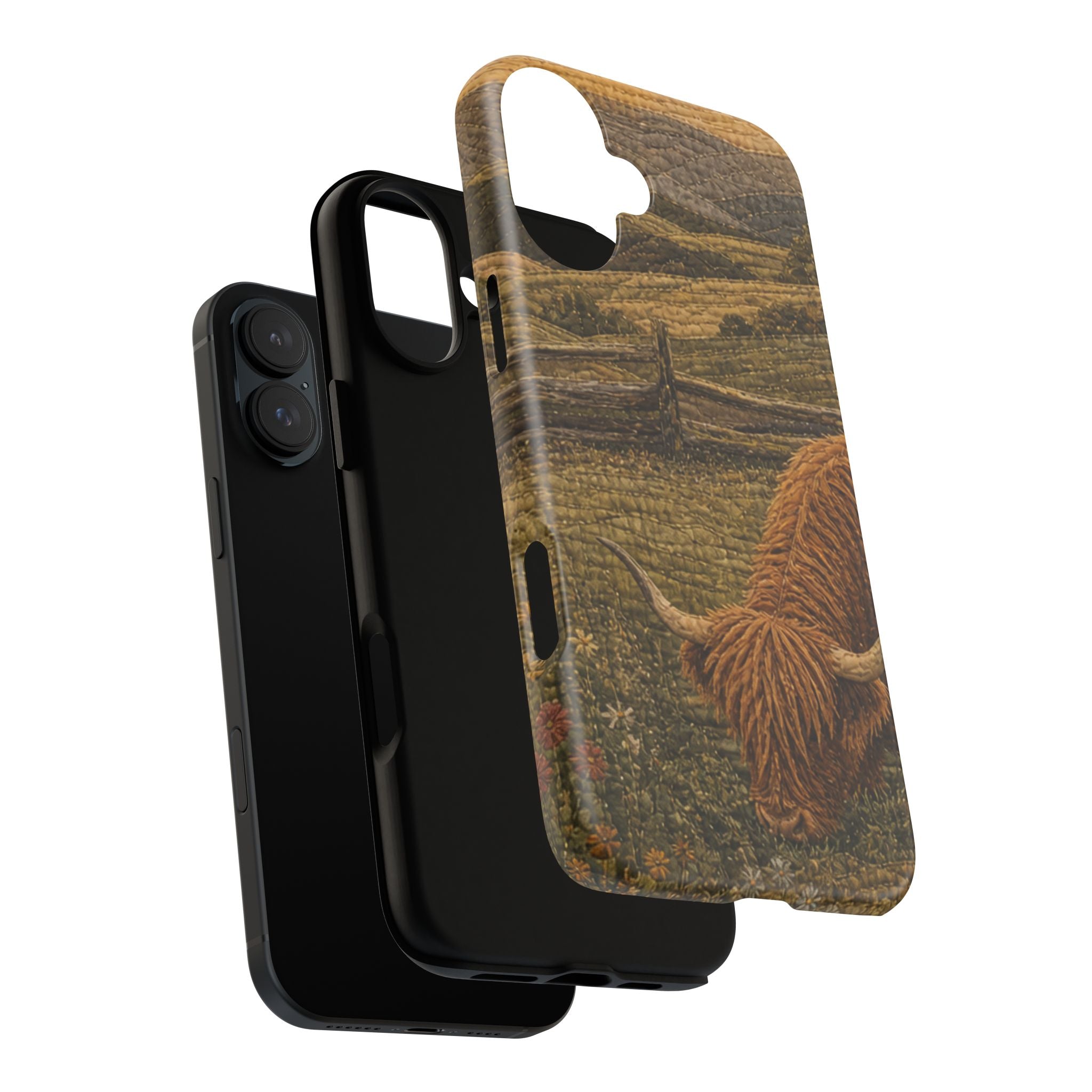 Highland Cow iPhone Case – Mini Highland - Heirloom Quilt Meadow | Tough Dual-Layer Case, iPhone 11–17