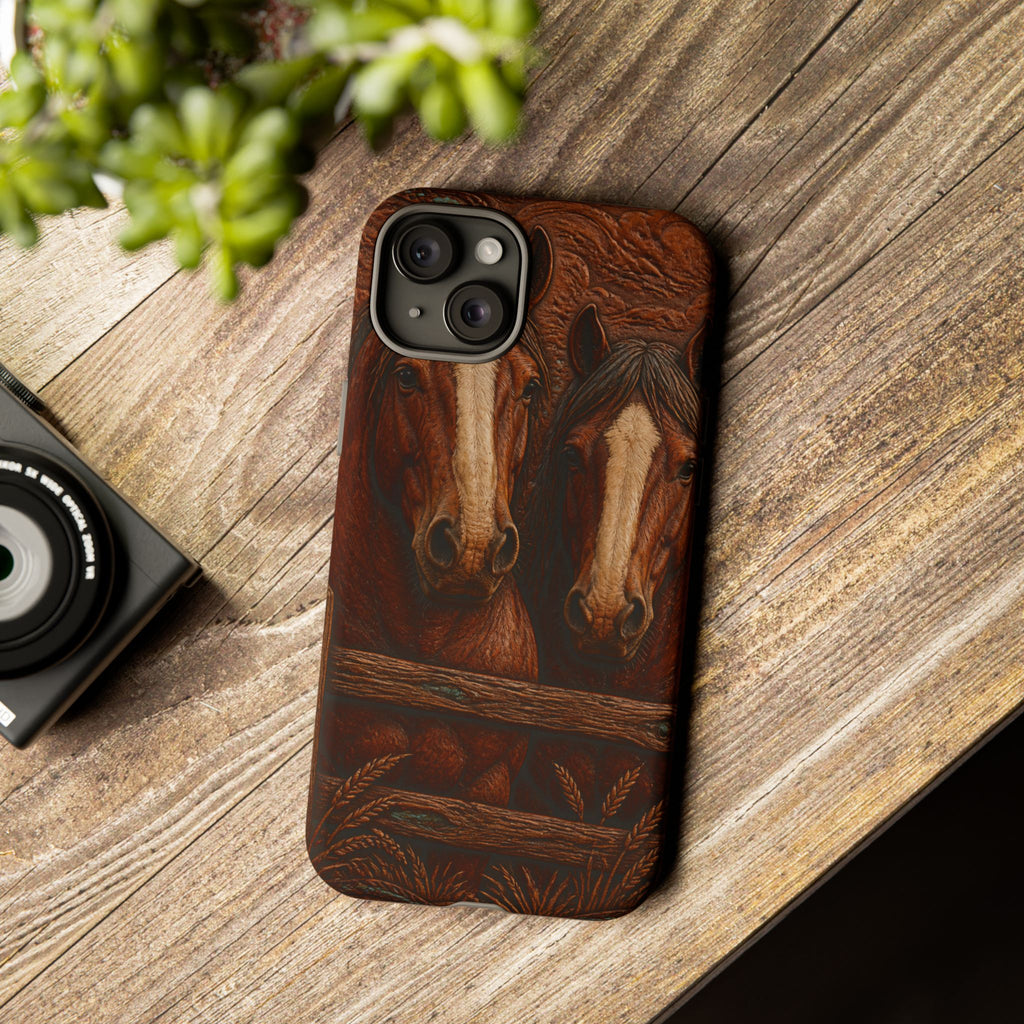 Draft Horse iPhone Case – Draft Horses at the Fence Tooled Leather | Tough Dual-Layer Case, iPhone 11–17