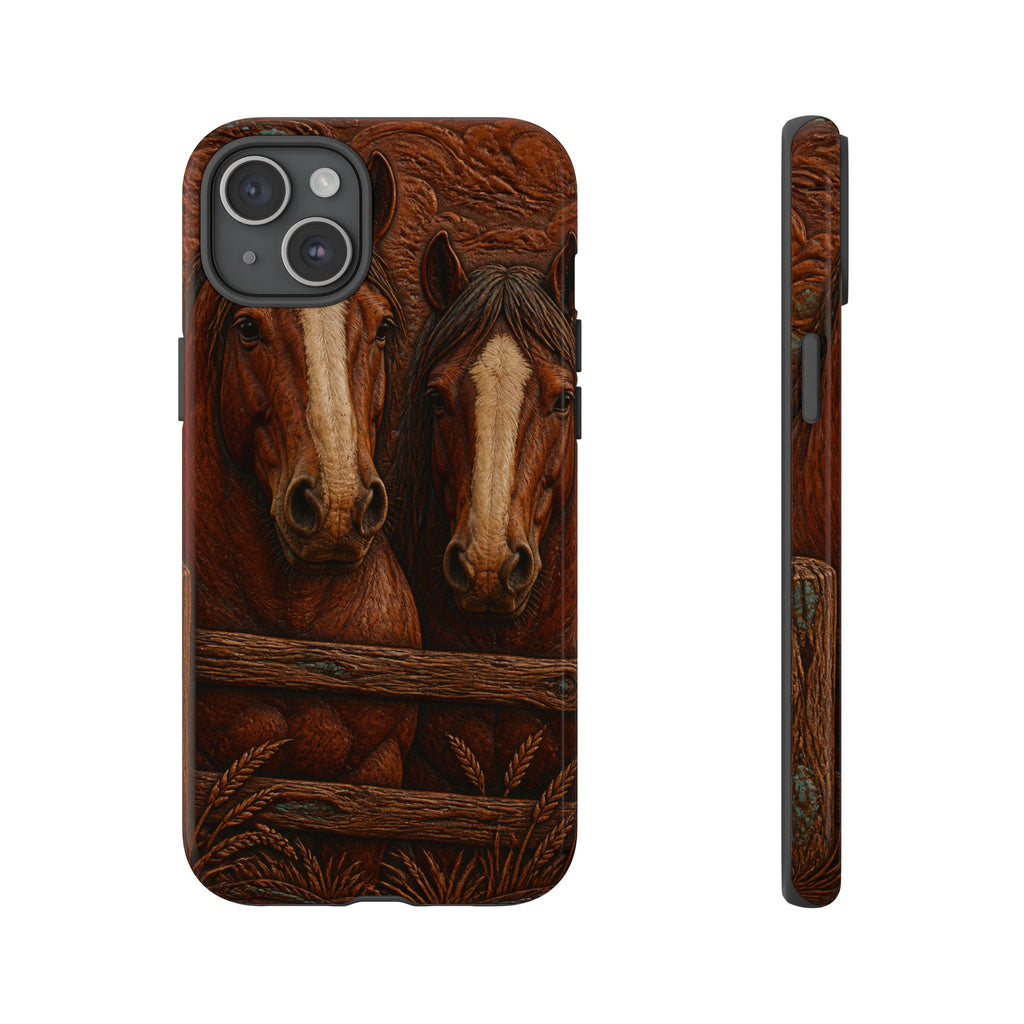 Draft Horse iPhone Case – Draft Horses at the Fence Tooled Leather | Tough Dual-Layer Case, iPhone 11–17