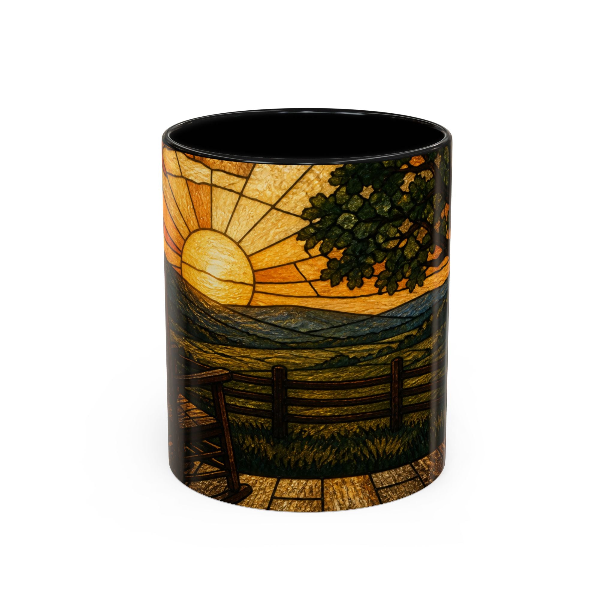 Farmhouse Coffee Mug – Stained Glass Porch Sunrise | Ceramic Accent Mug, 11oz or 15oz