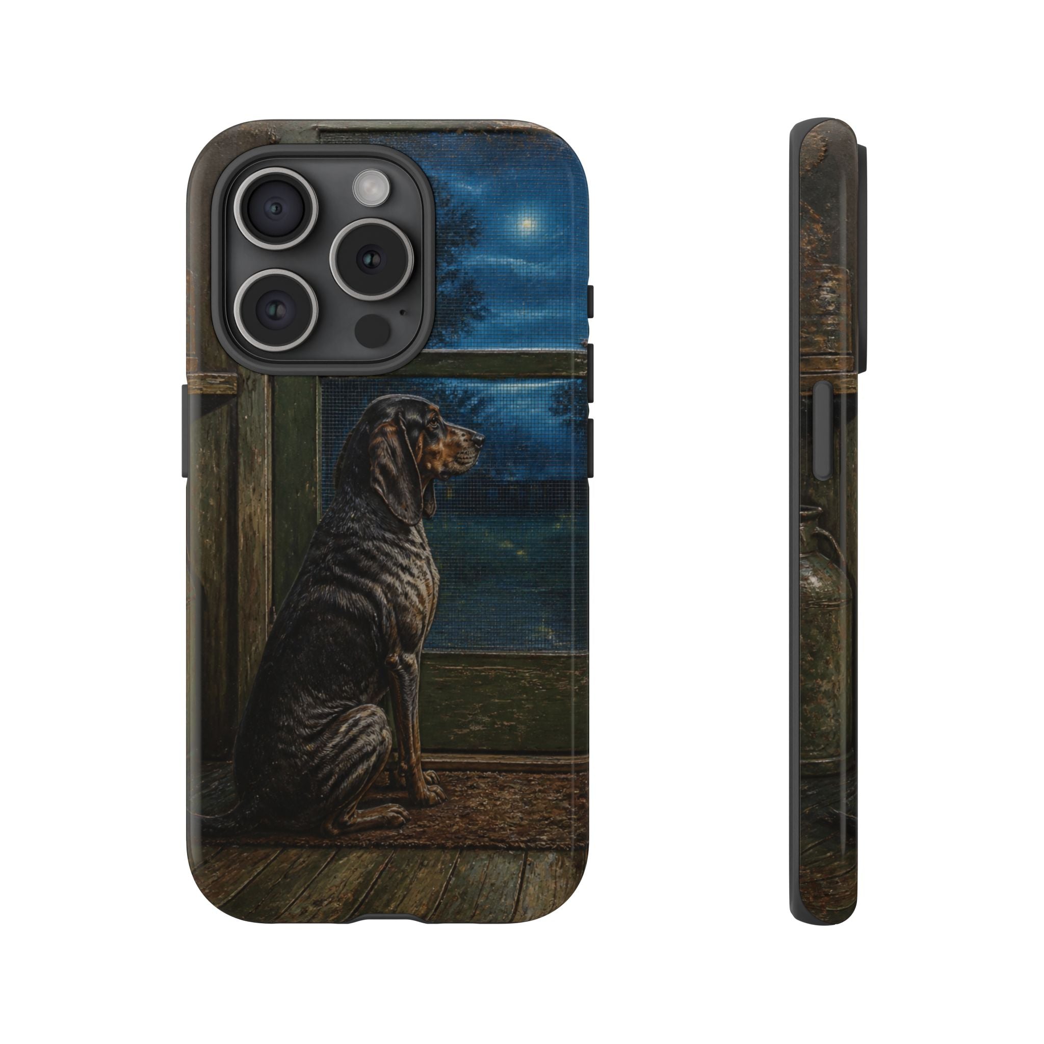 Coonhound Dog iPhone Case – Coonhound at the Screen Door Painted Tin | Tough Dual-Layer Case, iPhone 11–17